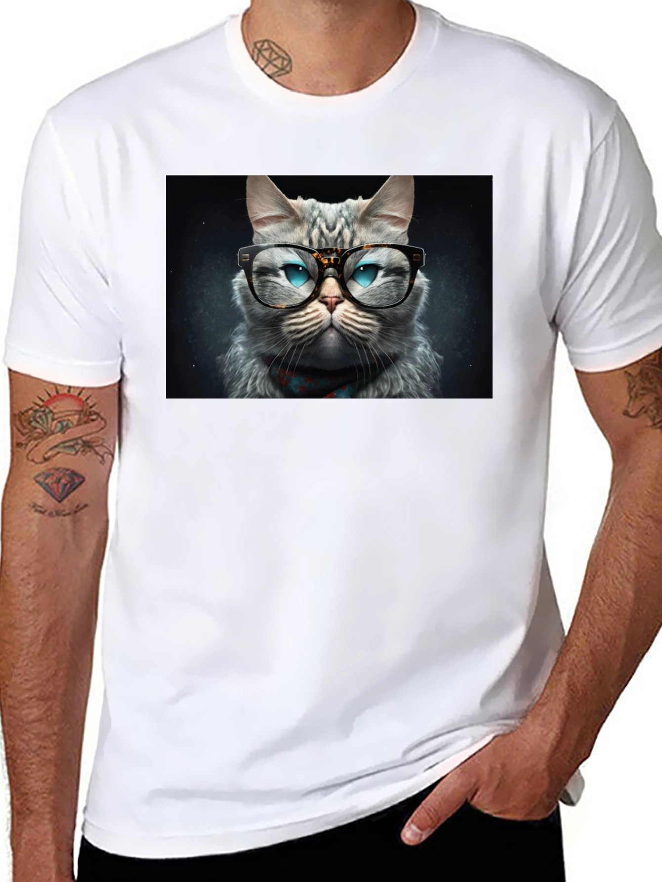Cat with Glasses Graphic Black T-Shirt