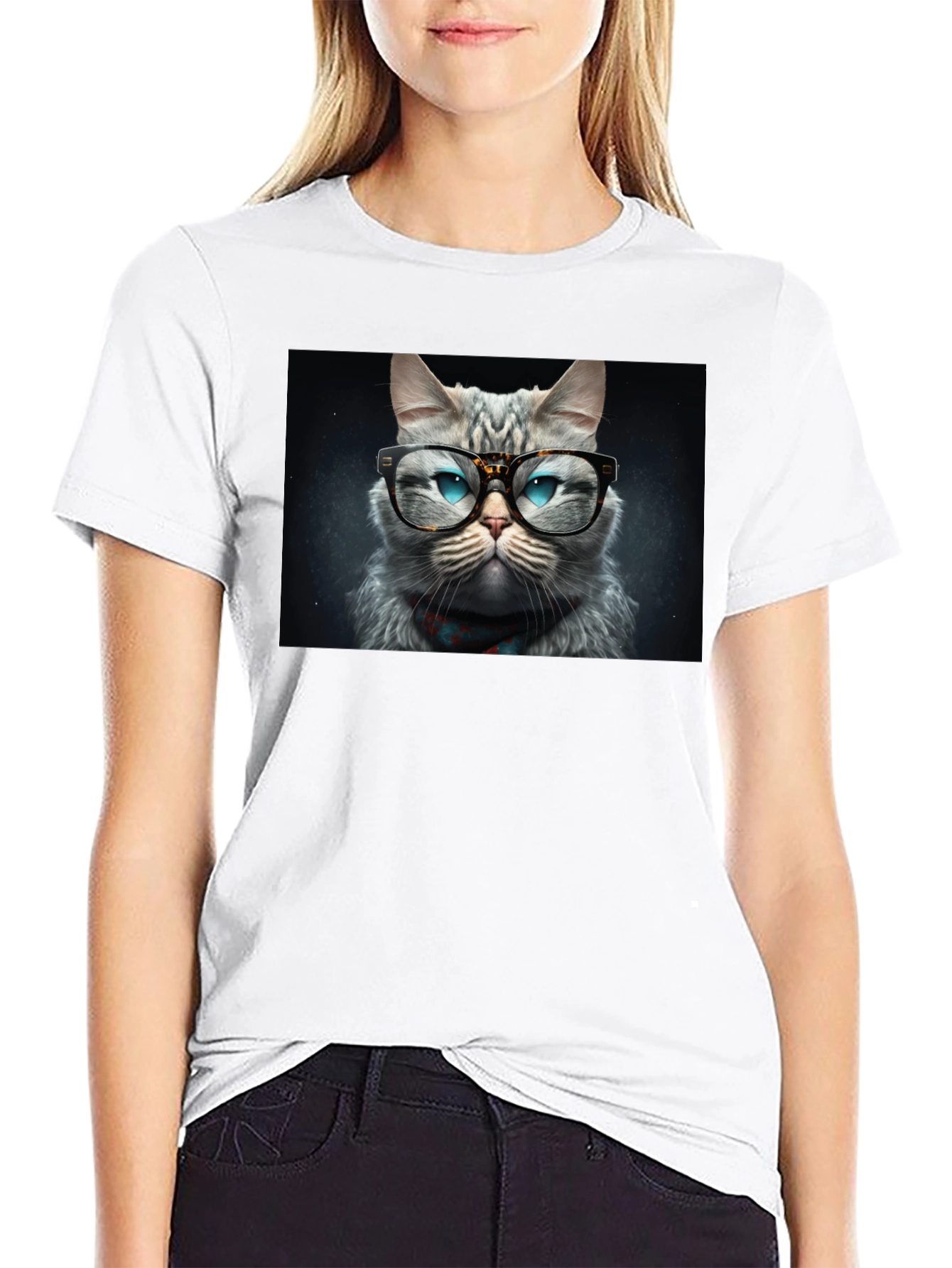 Cat with Glasses Graphic Black T-Shirt