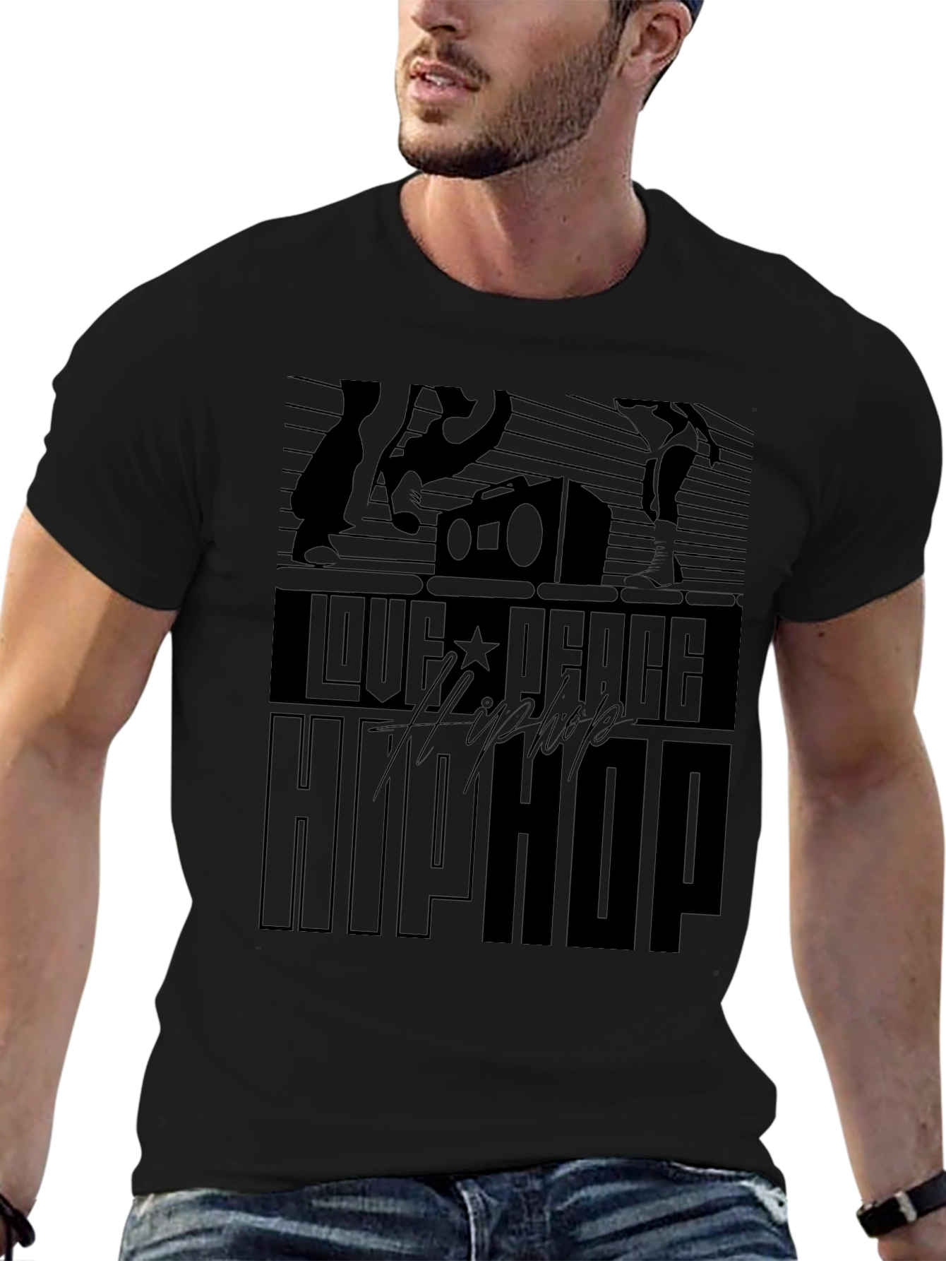 Love Peace Hip Hop Black Graphic T-Shirt