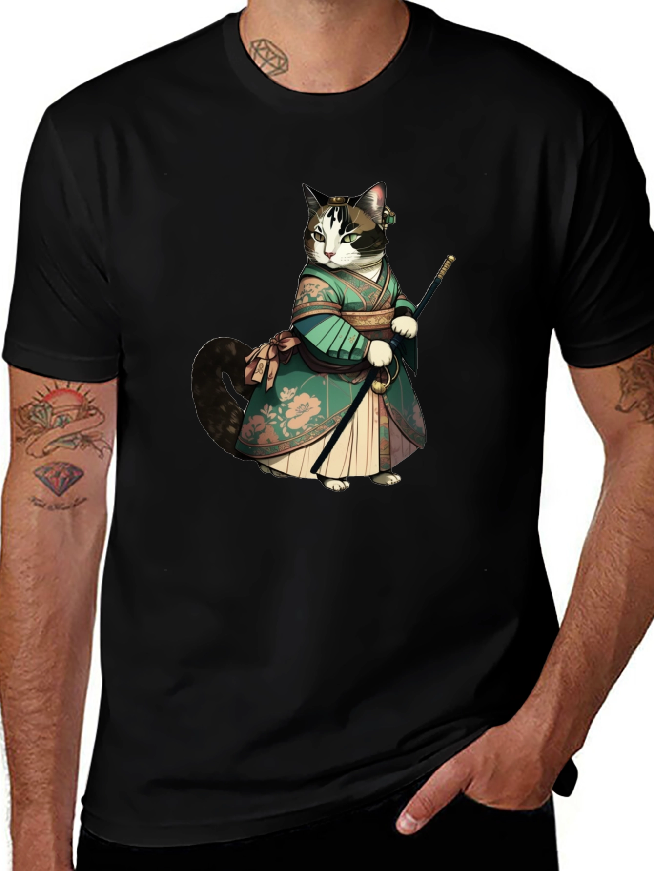 Samurai Cat Graphic Tee - Unique Anime Style