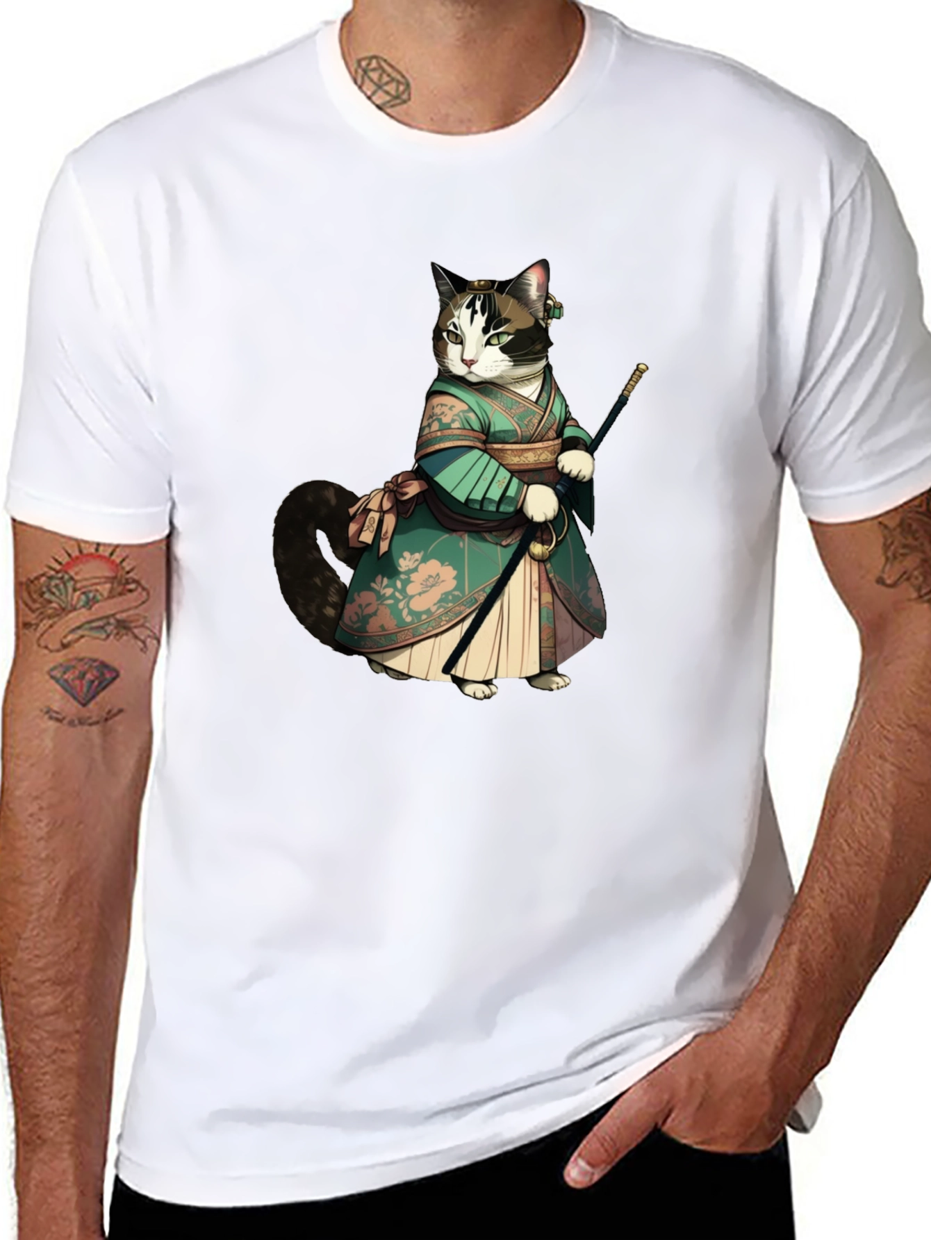 Samurai Cat Graphic Tee - Unique Anime Style