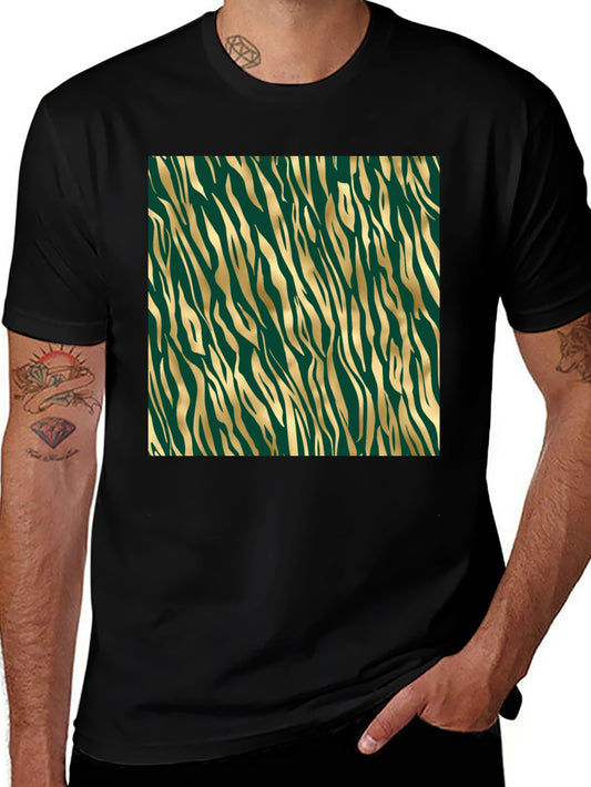 Striking Black Tee with Green and Gold Tiger Stripe Design