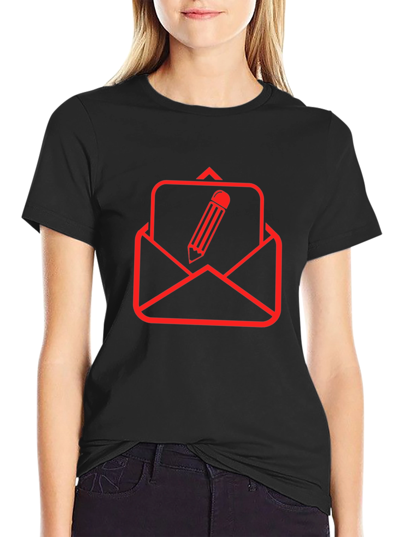 Black T-Shirt with Red Email & Pencil Graphic