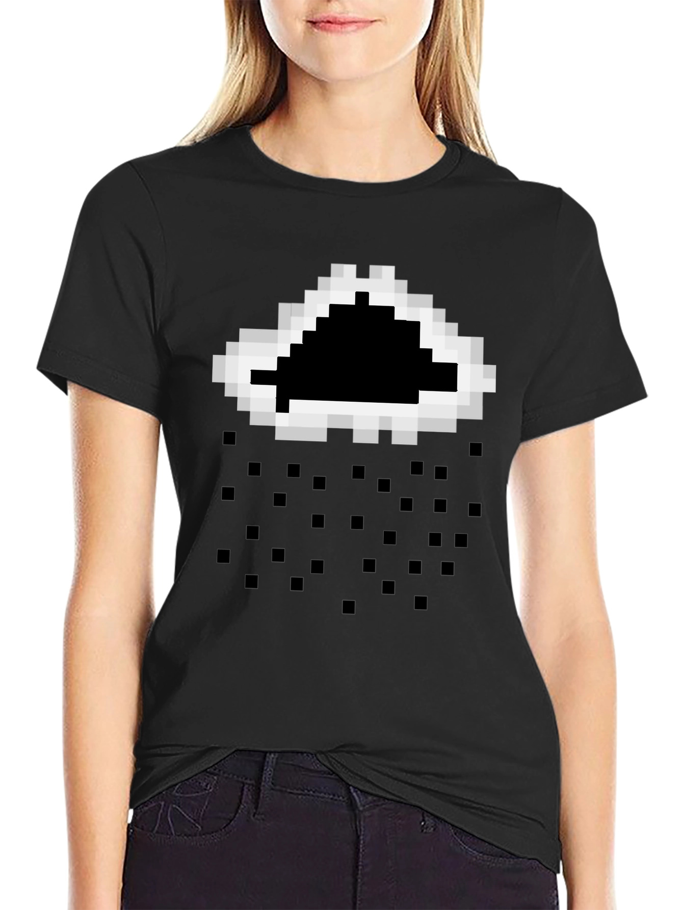 Pixelated Cloud Rain T-Shirt - Black