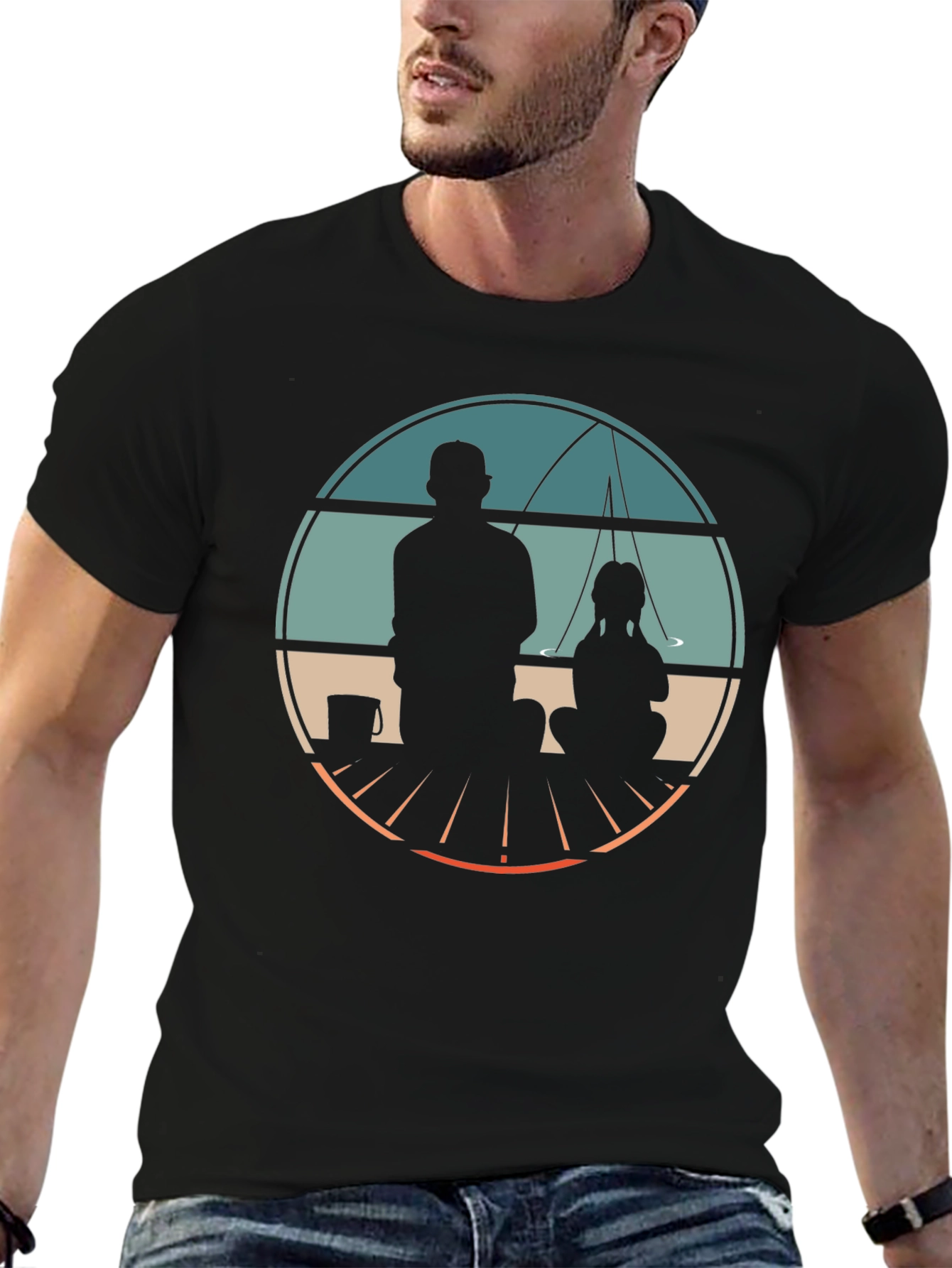 Father & Daughter Fishing Graphic Tee - Black Cotton