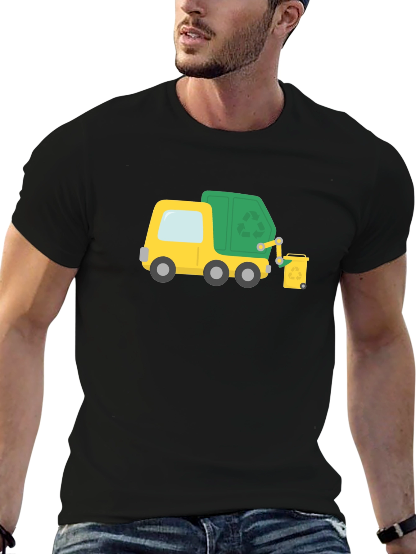 Garbage Truck Cartoon Black T-Shirt
