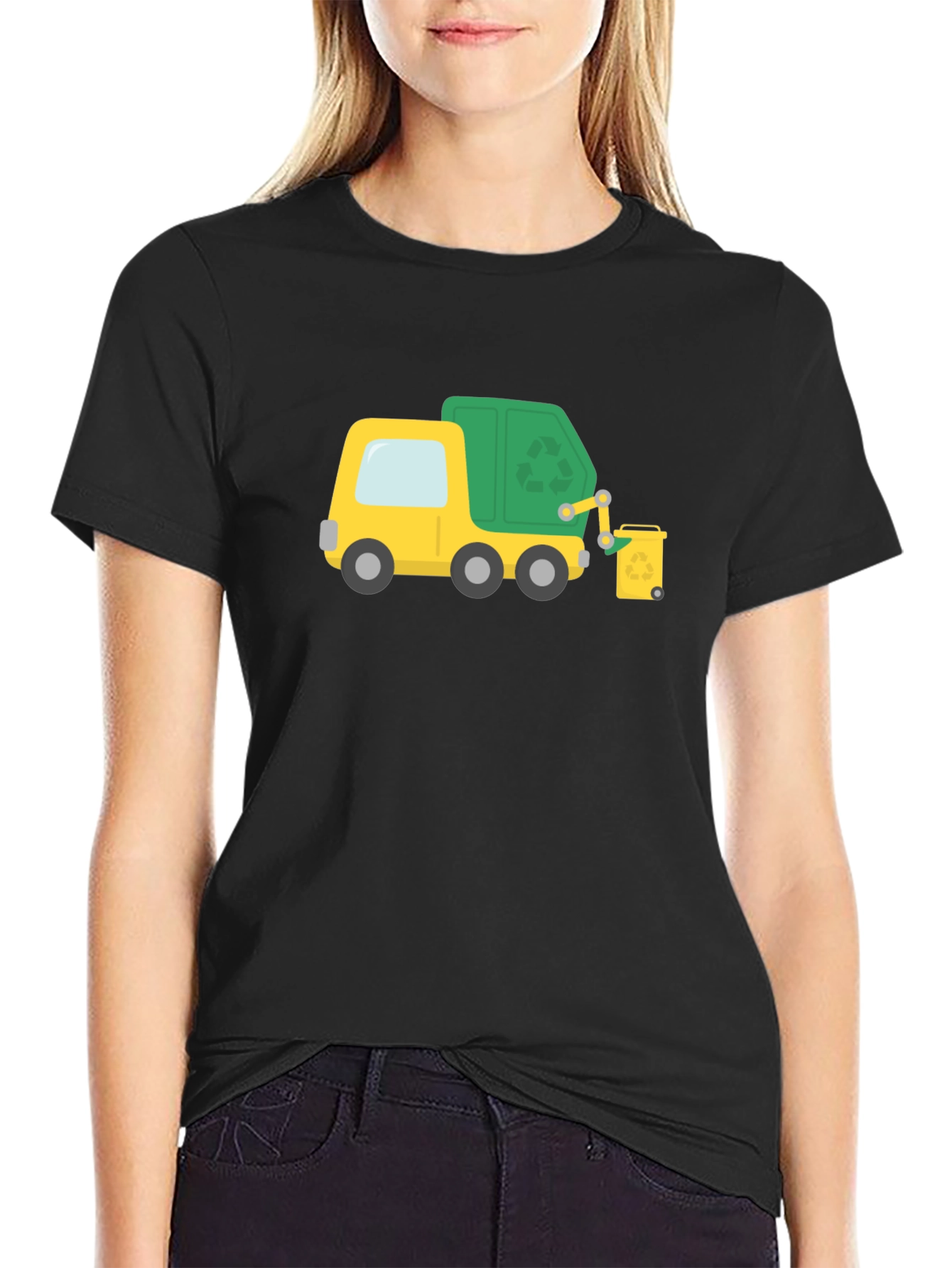 Garbage Truck Cartoon Black T-Shirt
