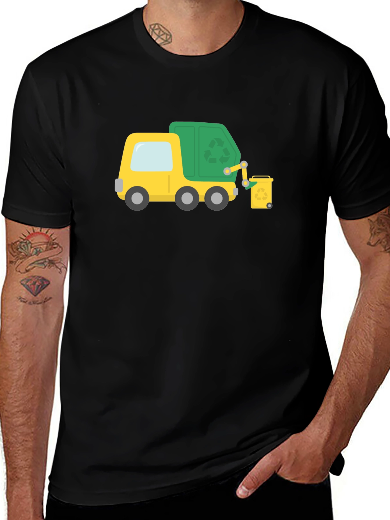 Garbage Truck Cartoon Black T-Shirt