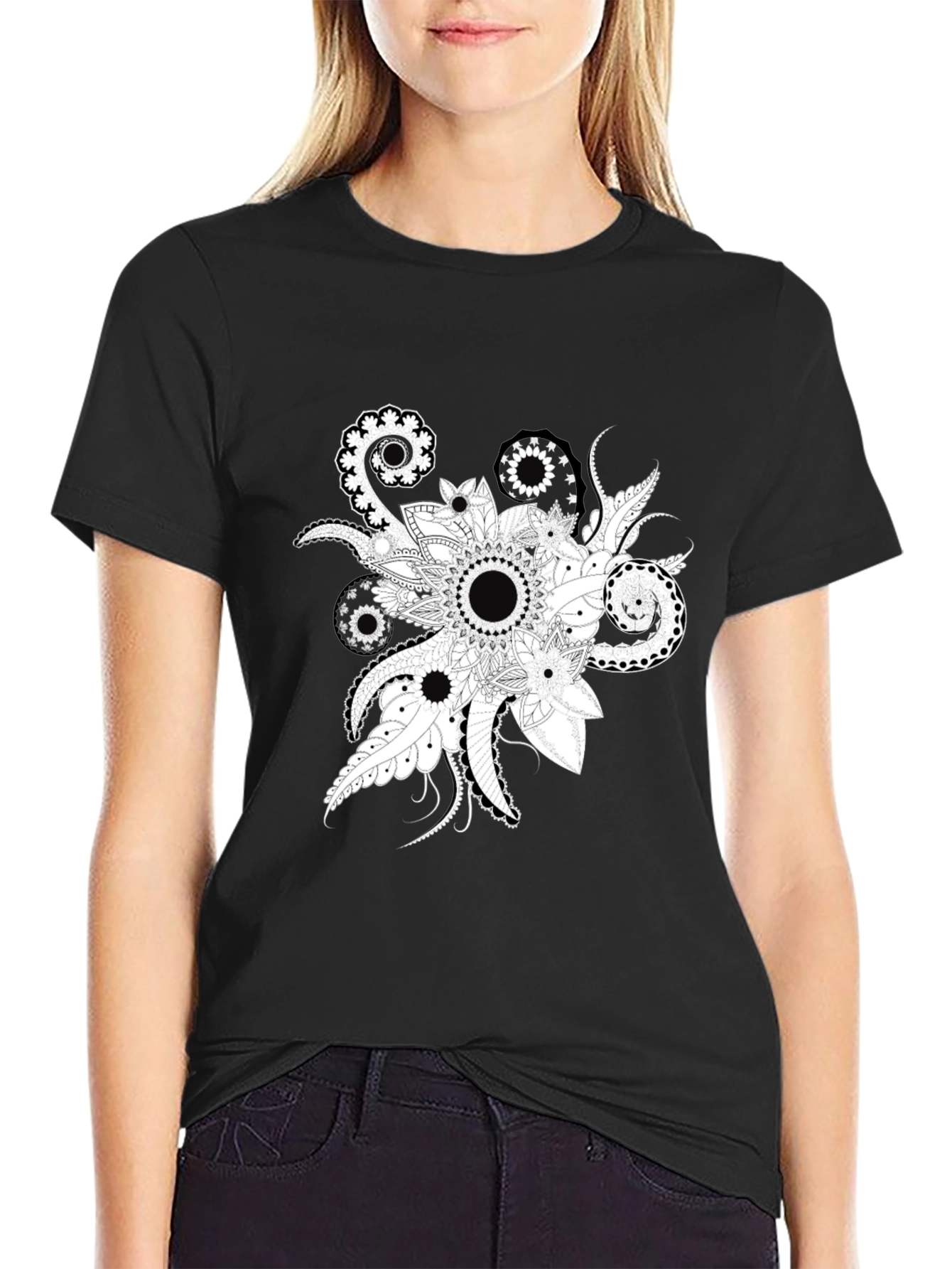 Black Tee with Floral Mandala Design