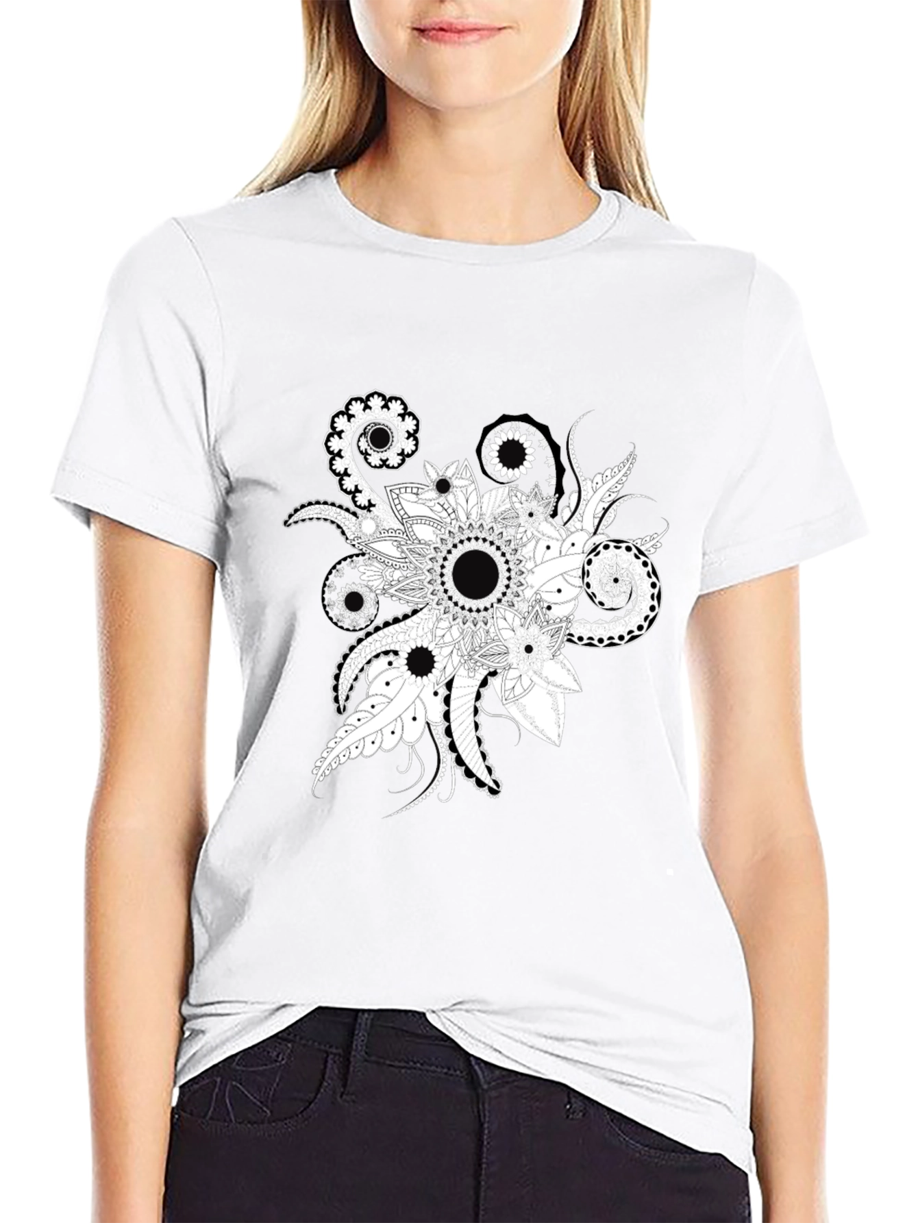 Black Tee with Floral Mandala Design