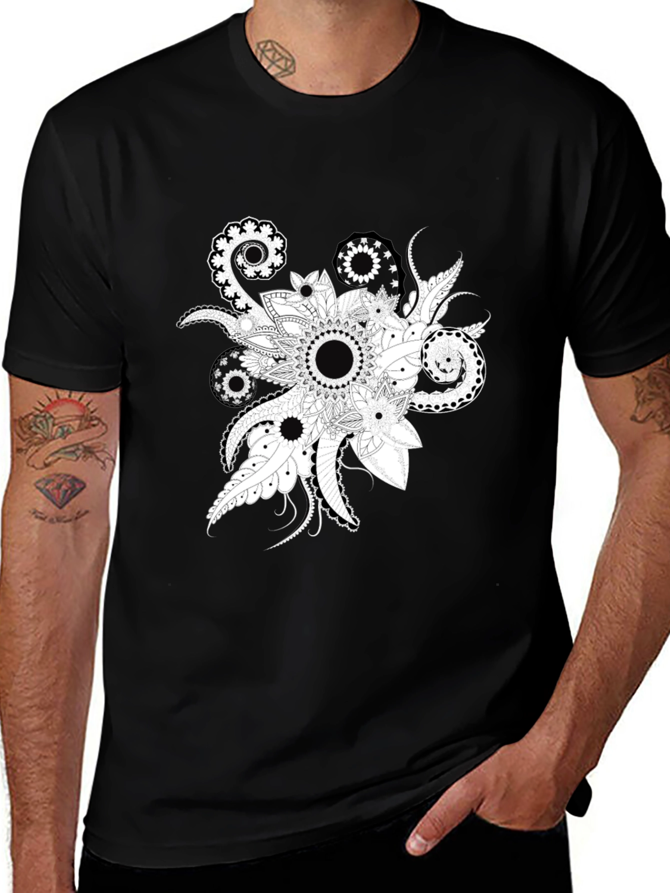 Black Tee with Floral Mandala Design