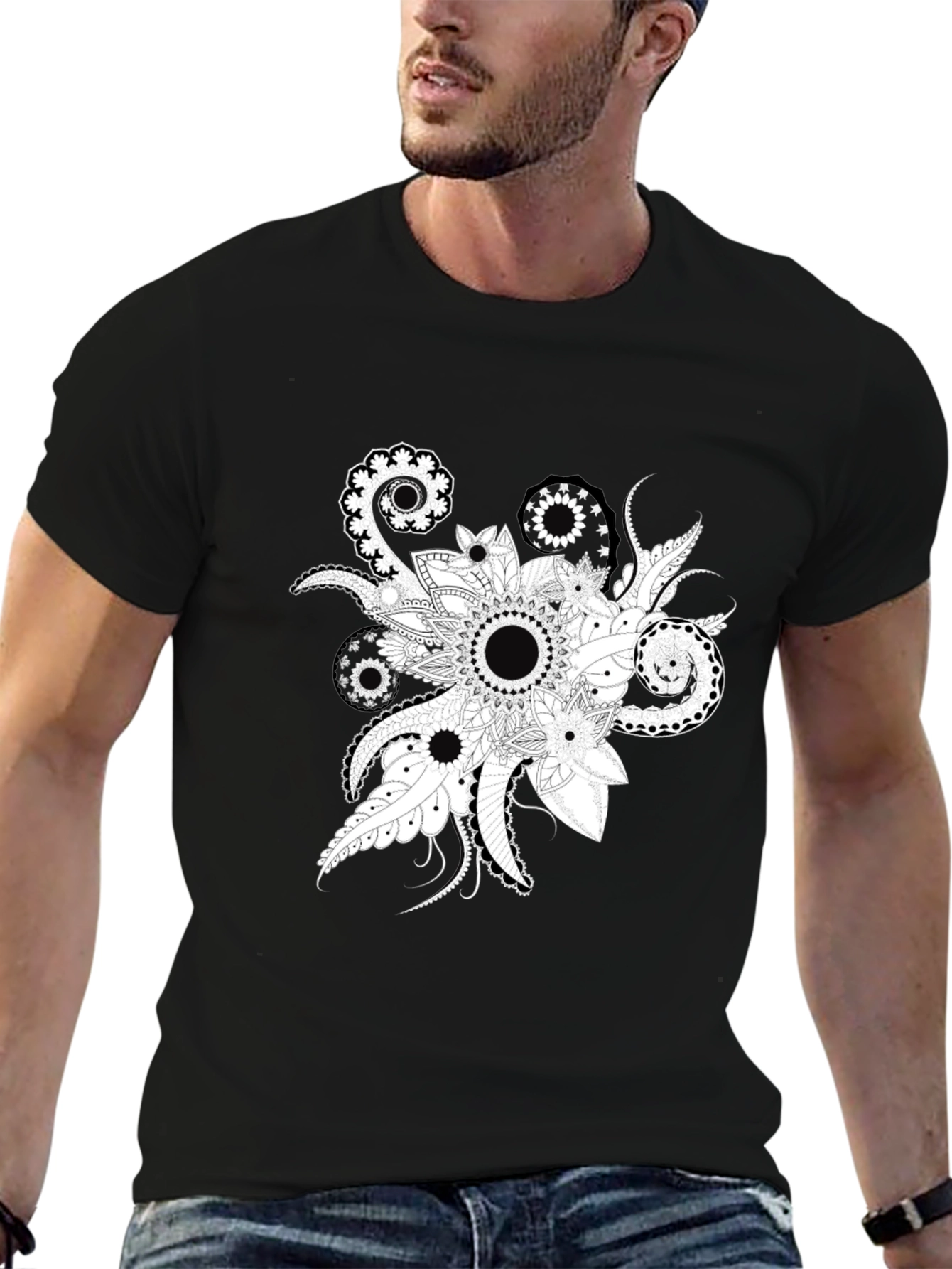 Black Tee with Floral Mandala Design