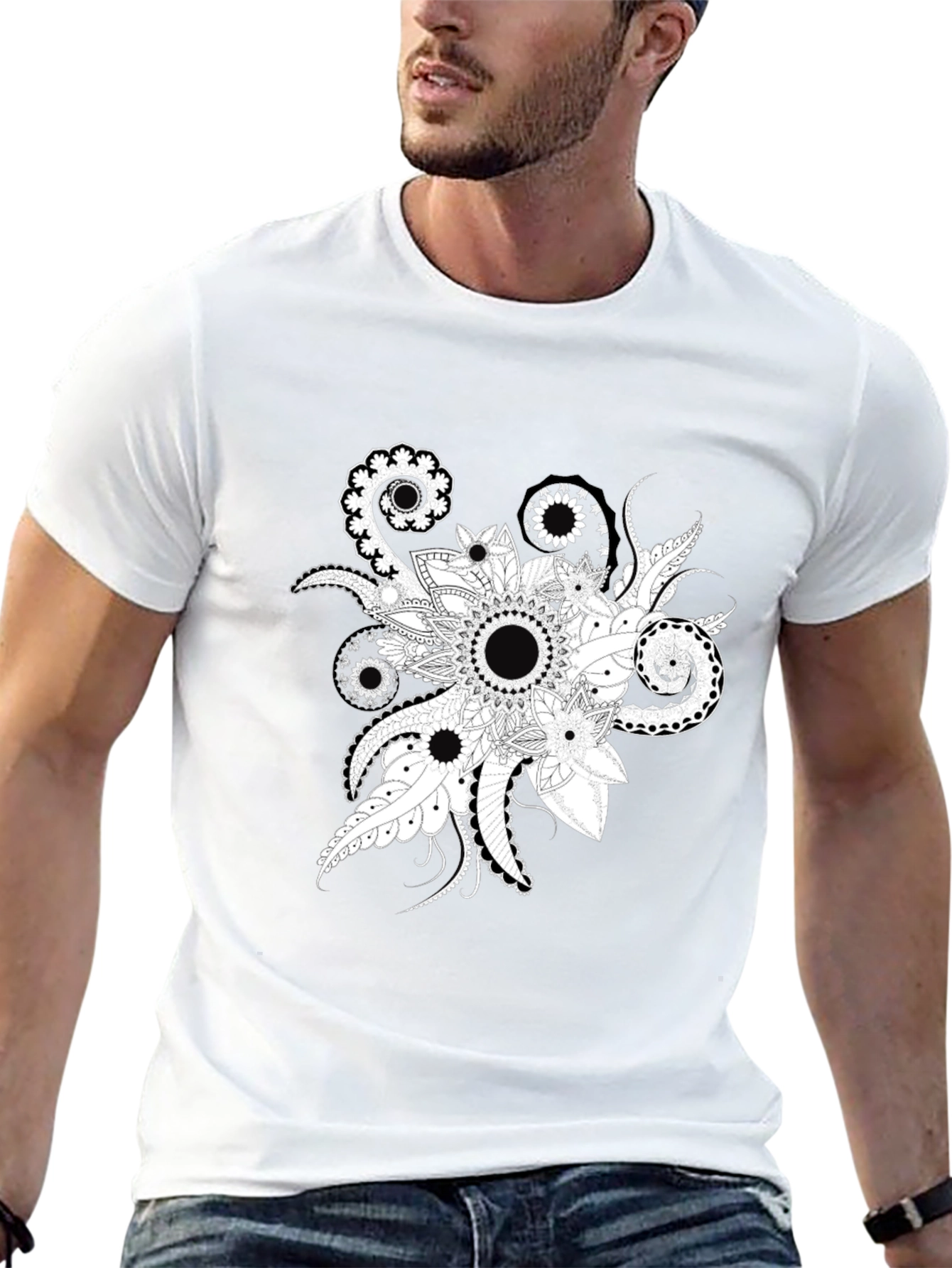 Black Tee with Floral Mandala Design