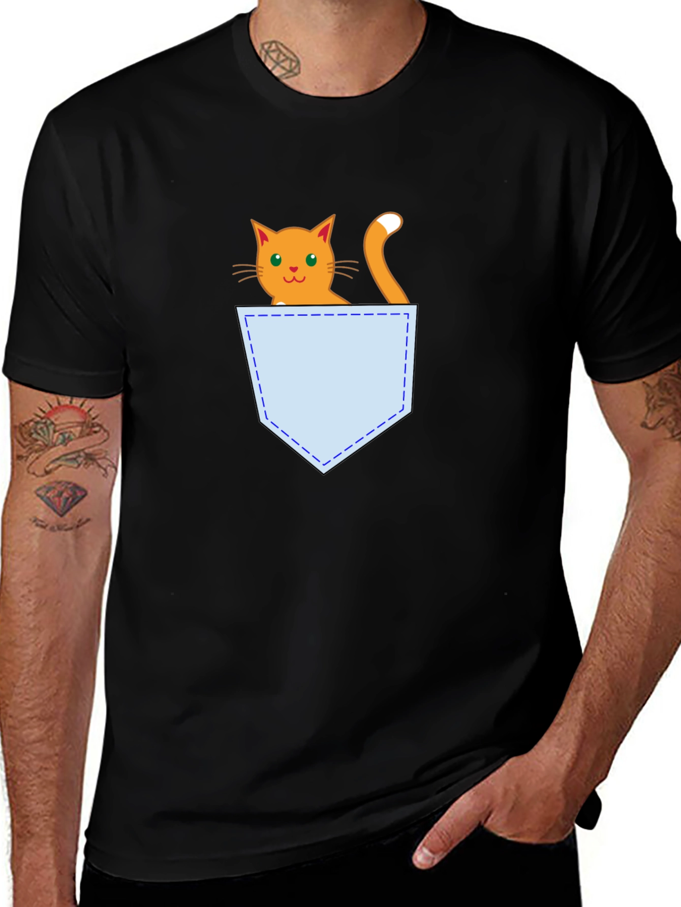 Cute Cat Pocket T-Shirt - Black Graphic Tee