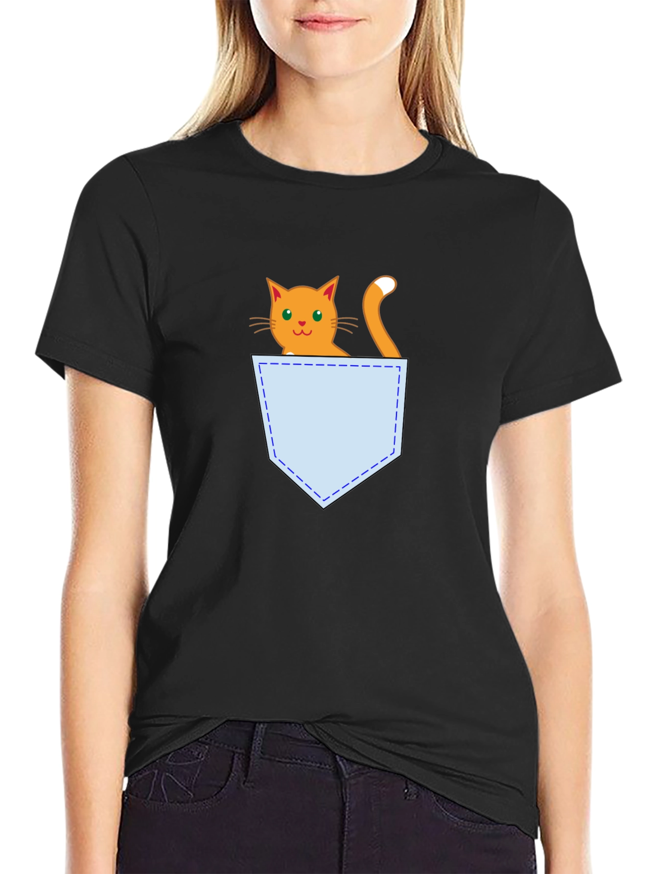 Cute Cat Pocket T-Shirt - Black Graphic Tee