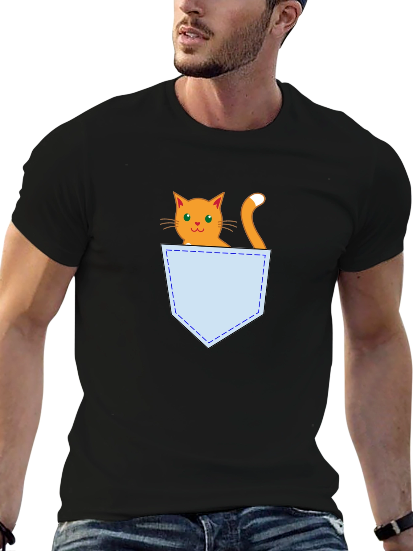 Cute Cat Pocket T-Shirt - Black Graphic Tee