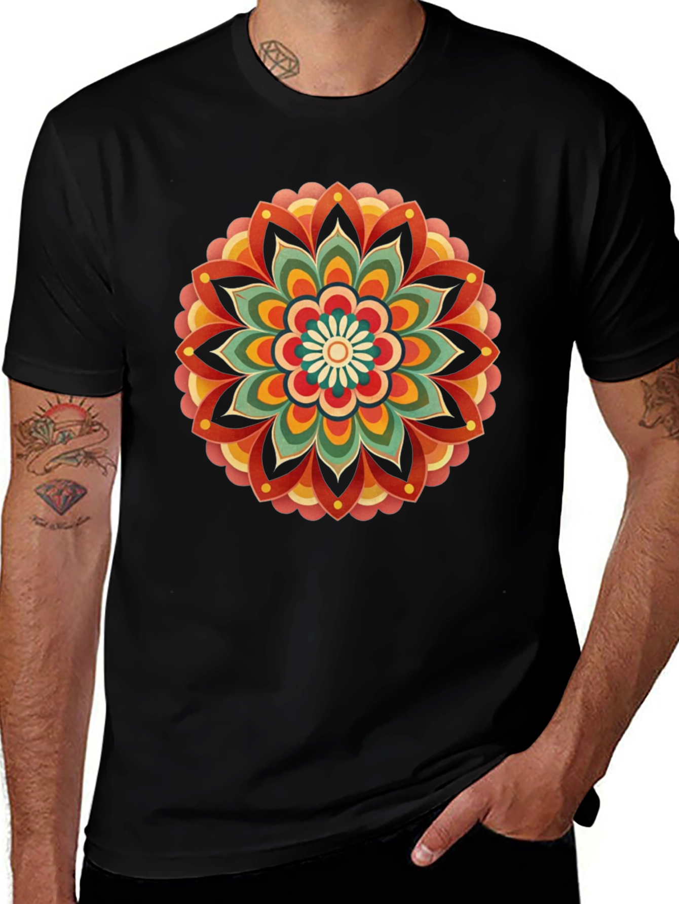 Retro Mandala Graphic Tee - Black Cotton Comfort
