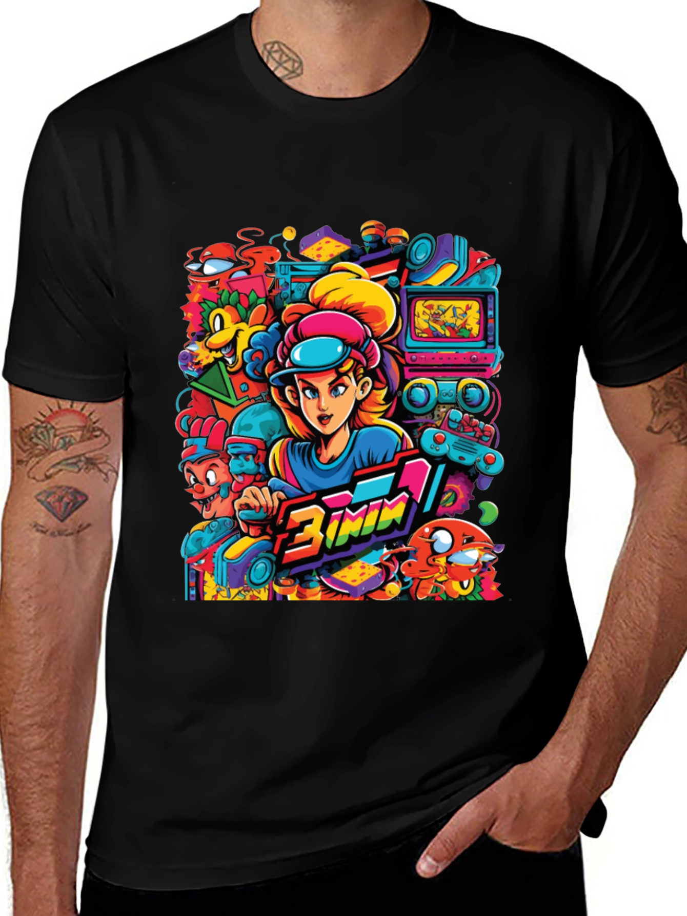 Retro Gamer Cartoon Print Black Tee