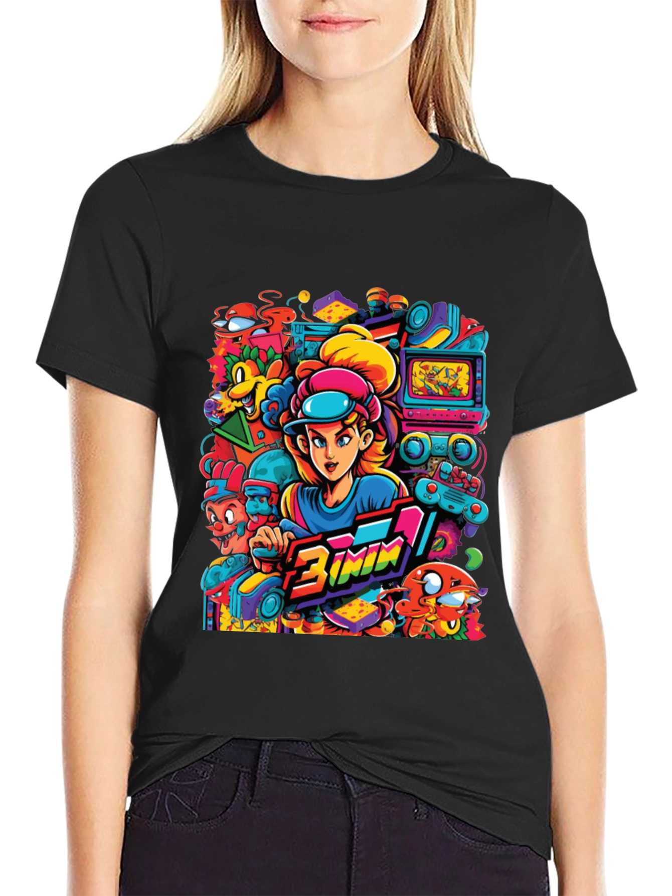 Retro Gamer Cartoon Print Black Tee