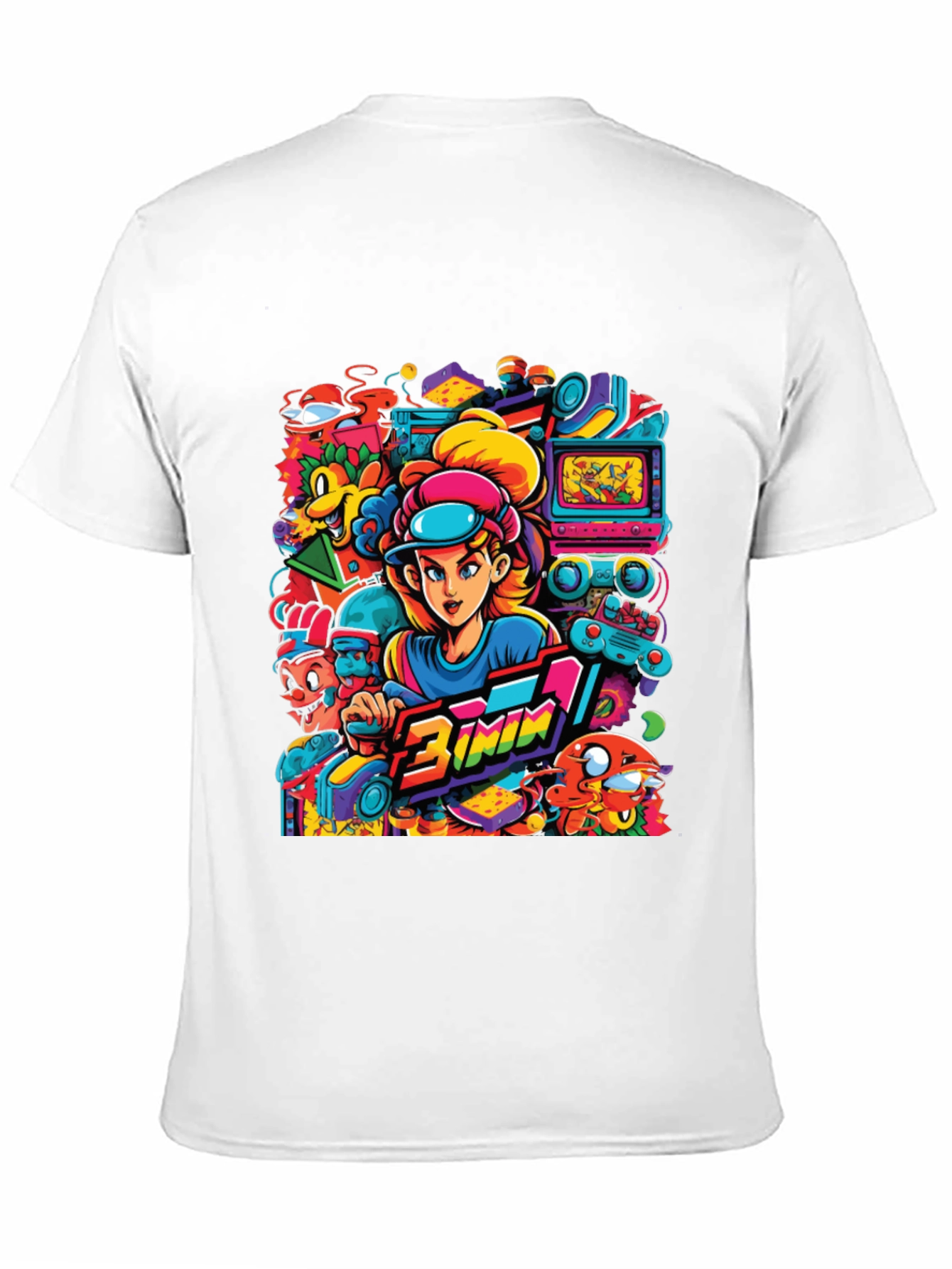 Retro Gamer Cartoon Print Black Tee
