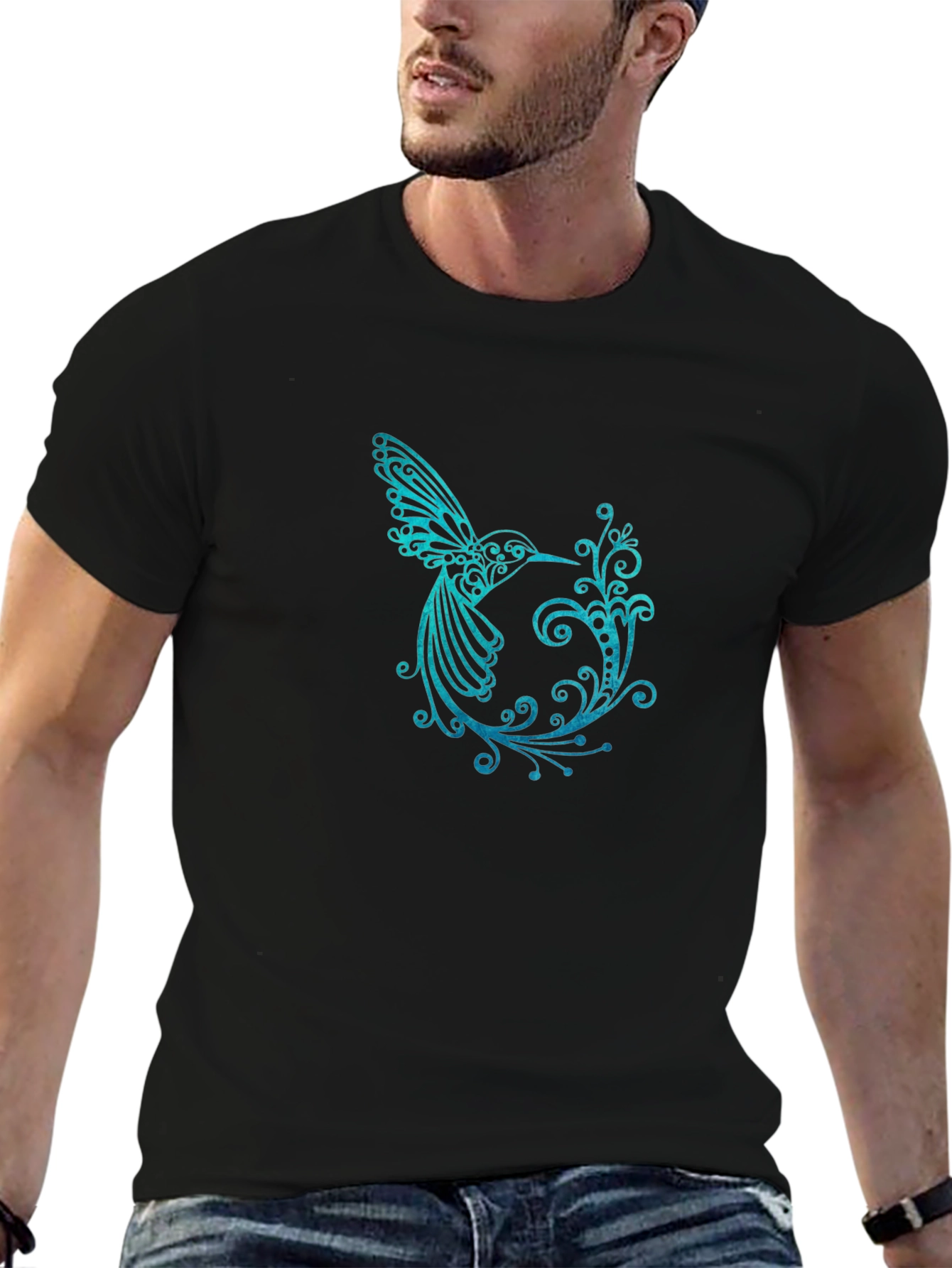 Hummingbird Graphic Print T-Shirt - Black