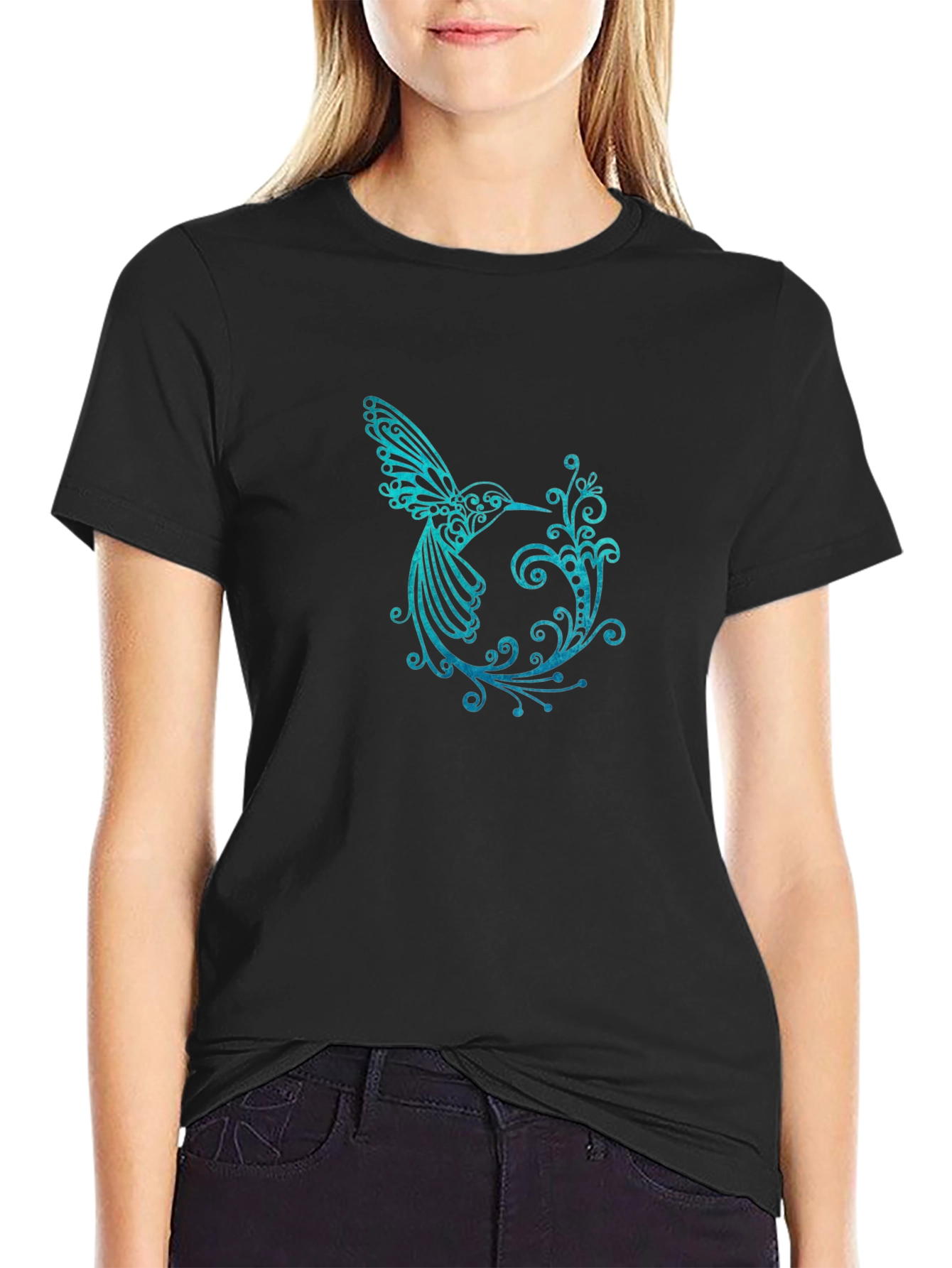 Hummingbird Graphic Print T-Shirt - Black