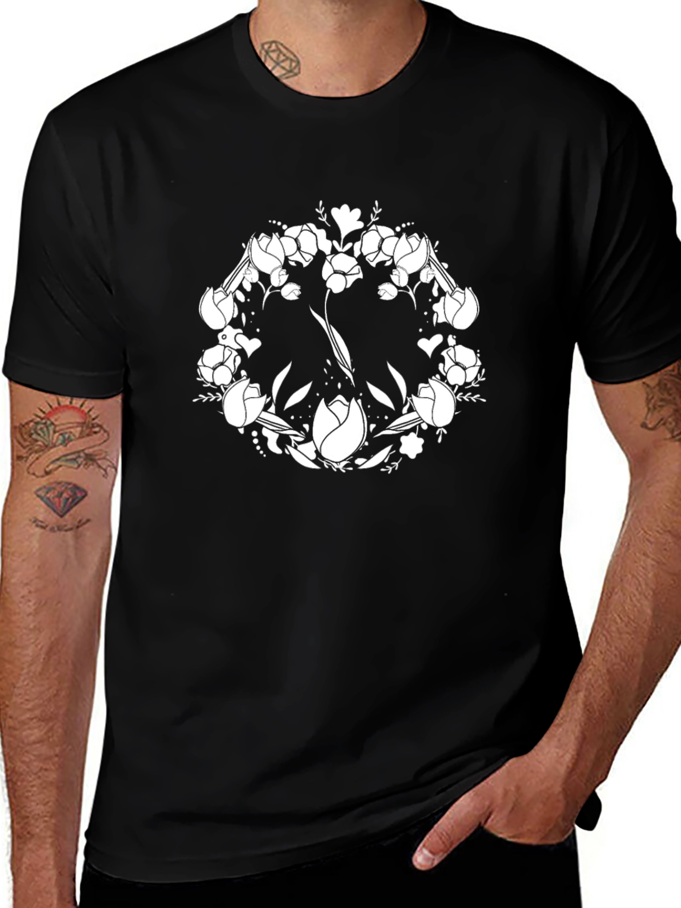 Floral Peace Sign Graphic T-Shirt - Black