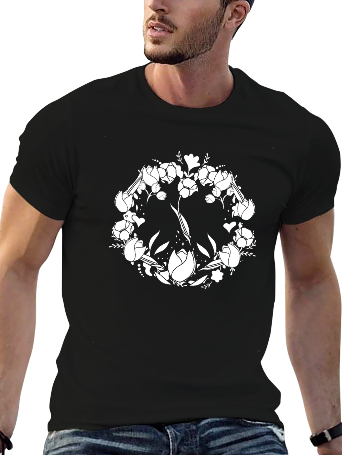 Floral Peace Sign Graphic T-Shirt - Black