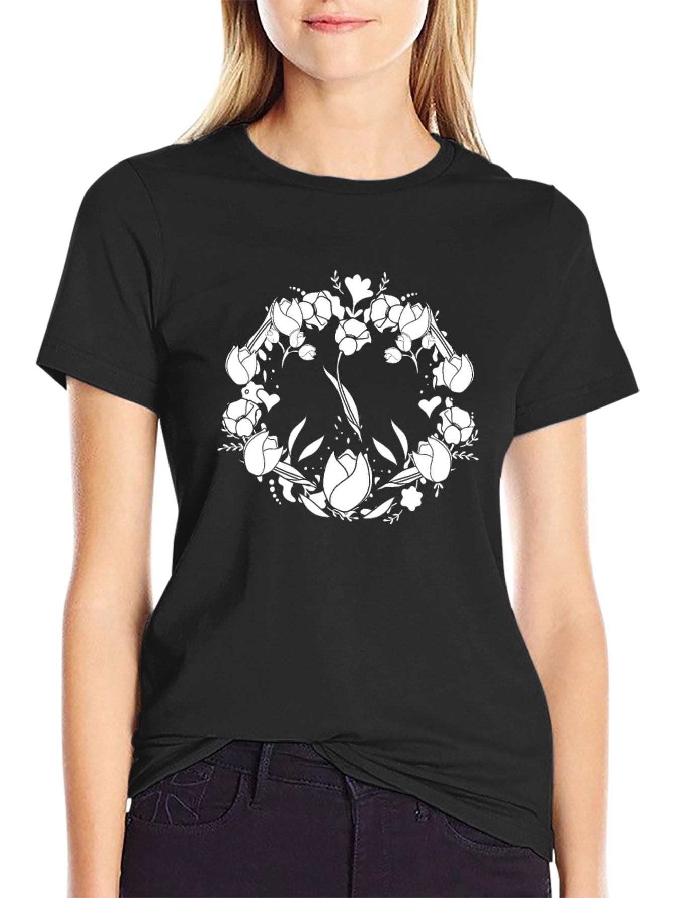 Floral Peace Sign Graphic T-Shirt - Black