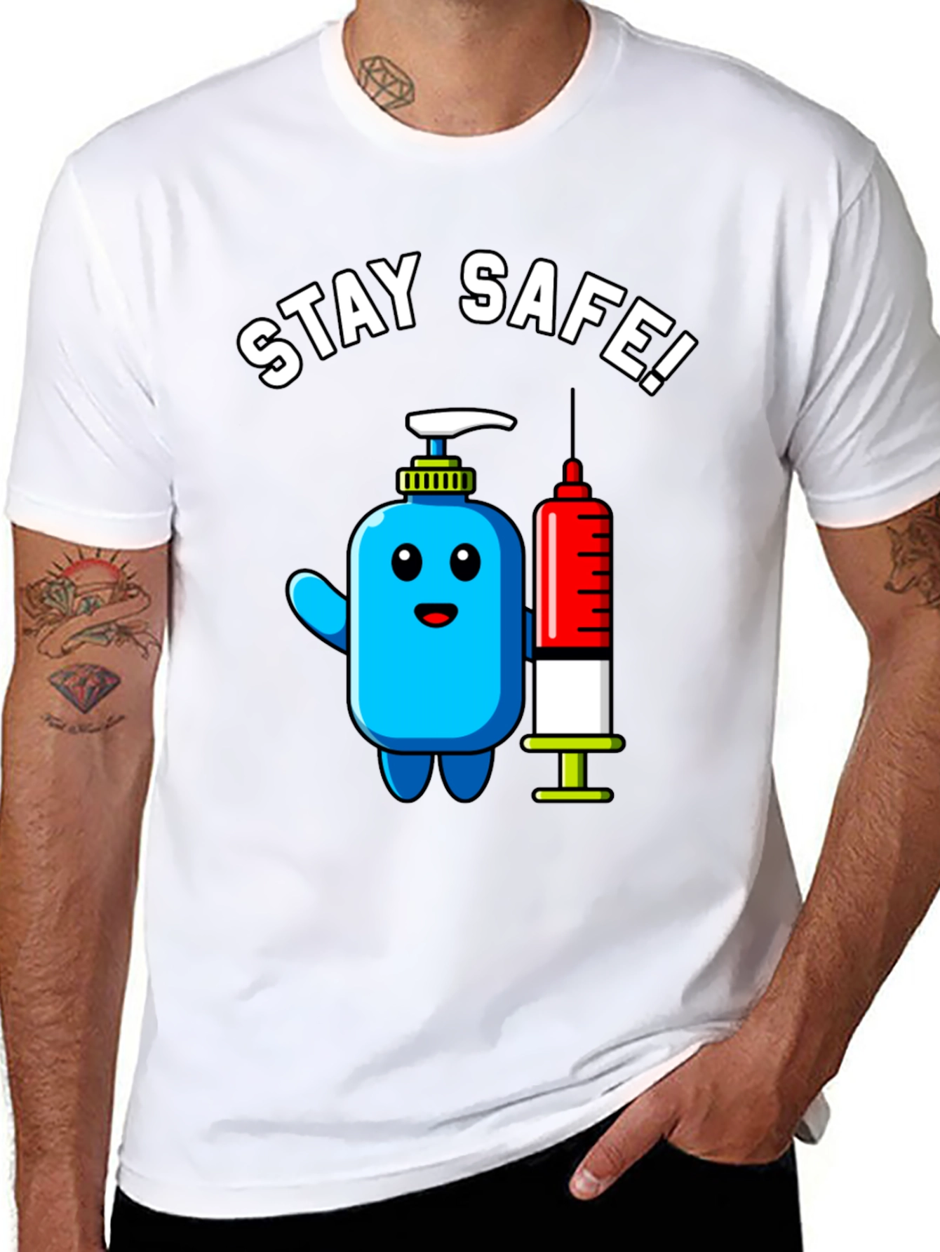Stay Safe! Cartoon Hand Sanitizer and Syringe T-Shirt