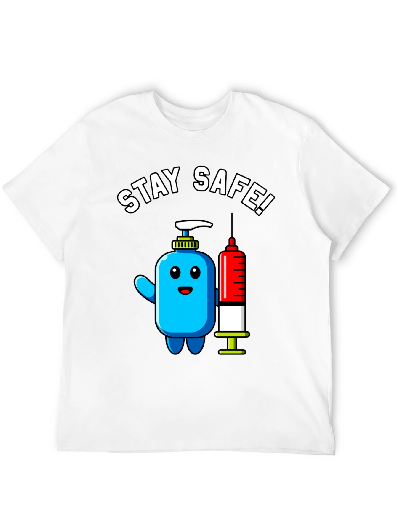 Stay Safe! Cartoon Hand Sanitizer and Syringe T-Shirt