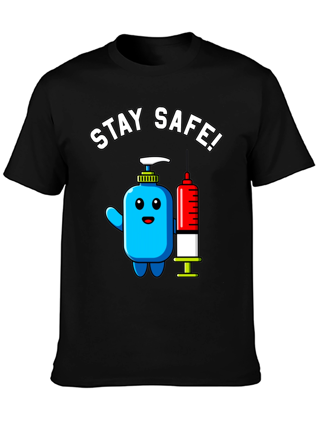 Stay Safe! Cartoon Hand Sanitizer and Syringe T-Shirt