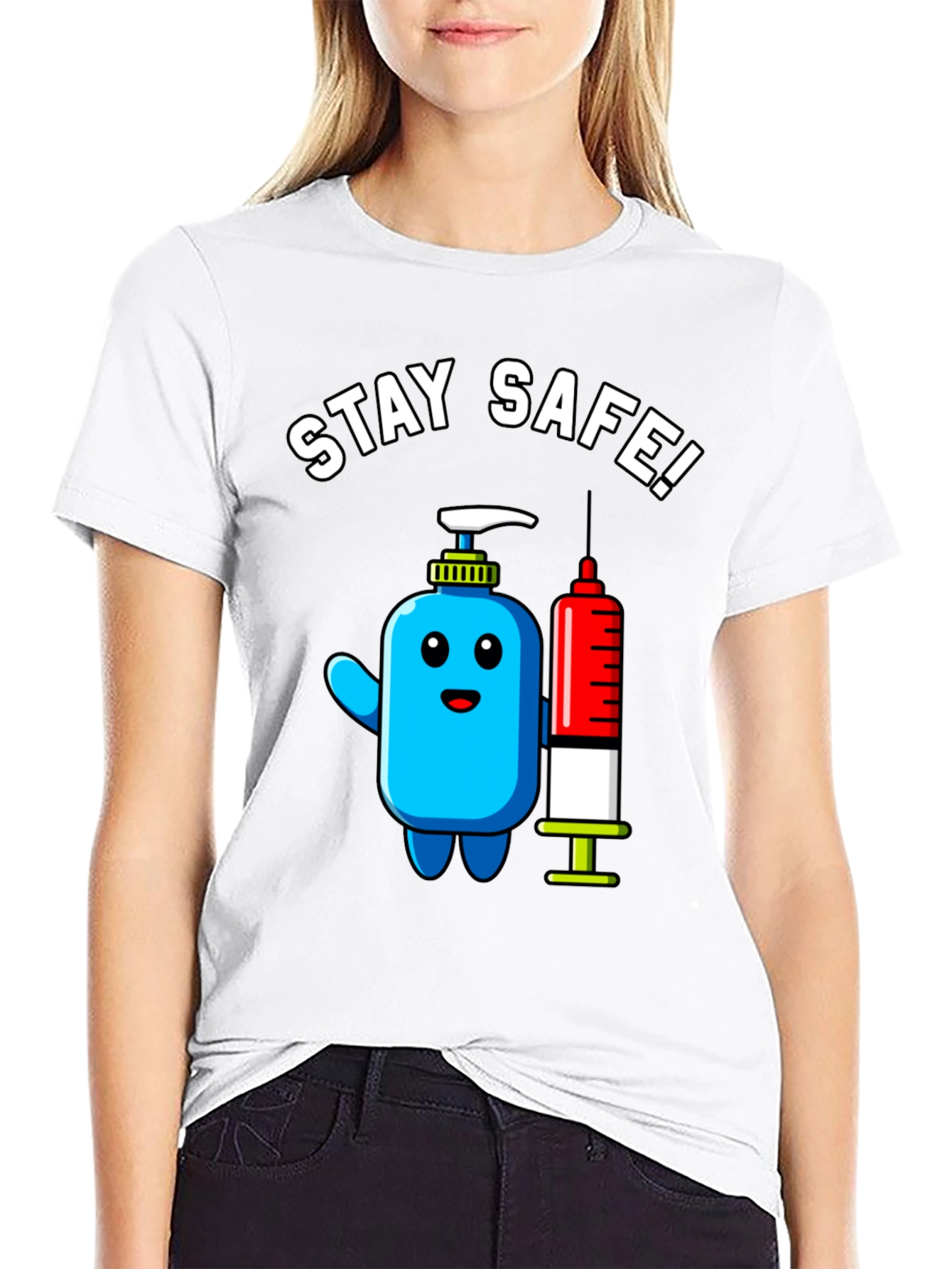 Stay Safe! Cartoon Hand Sanitizer and Syringe T-Shirt