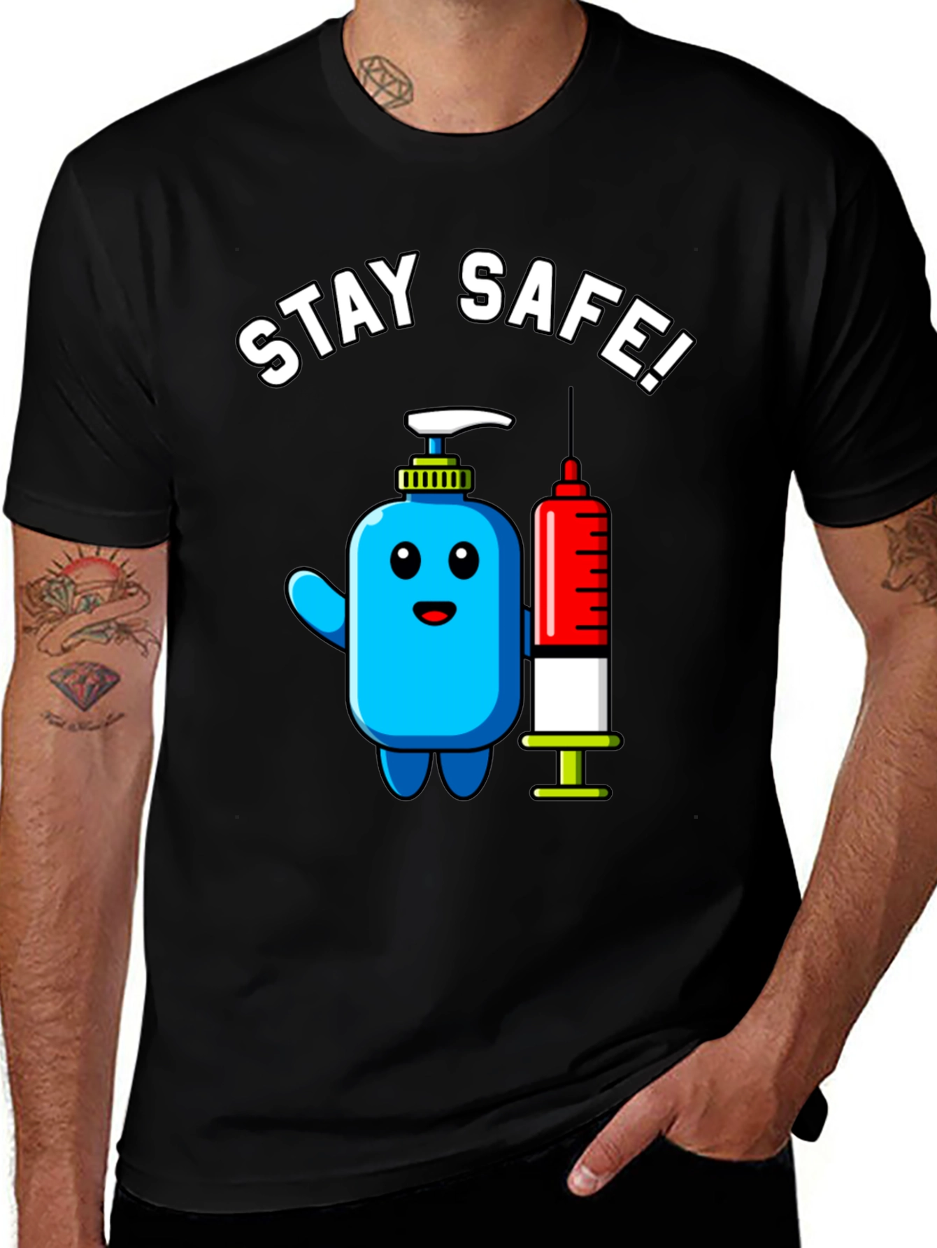 Stay Safe! Cartoon Hand Sanitizer and Syringe T-Shirt