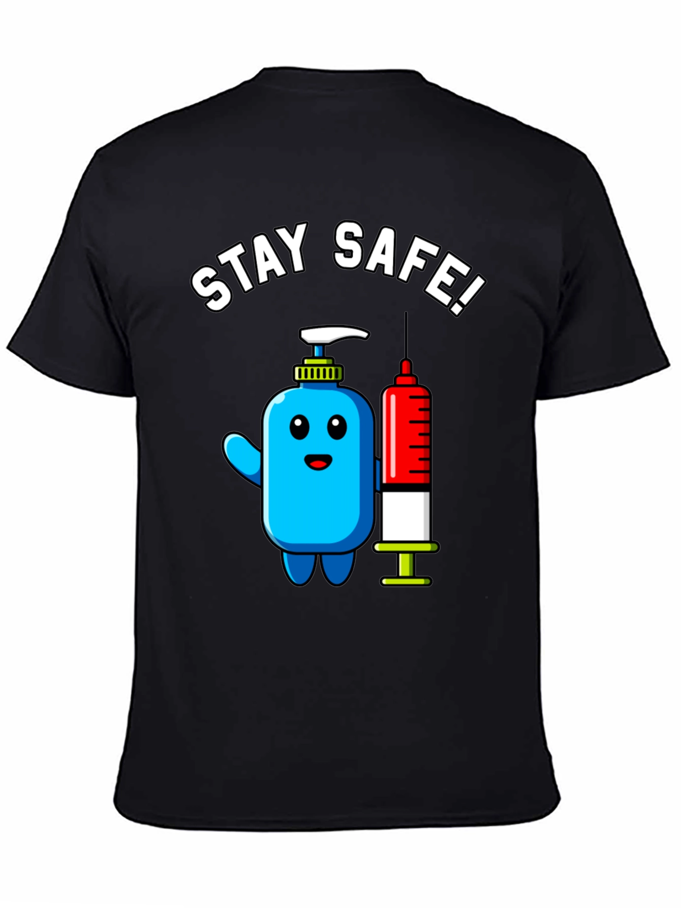 Stay Safe! Cartoon Hand Sanitizer and Syringe T-Shirt