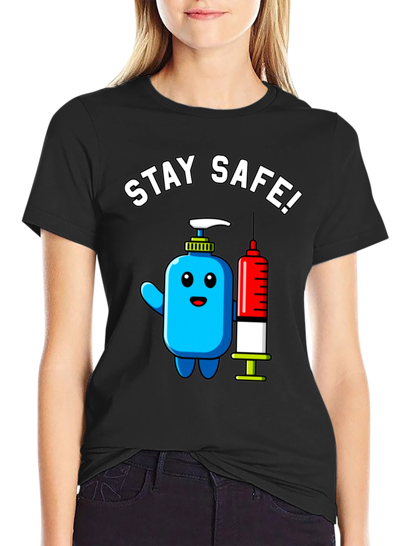 Stay Safe! Cartoon Hand Sanitizer and Syringe T-Shirt