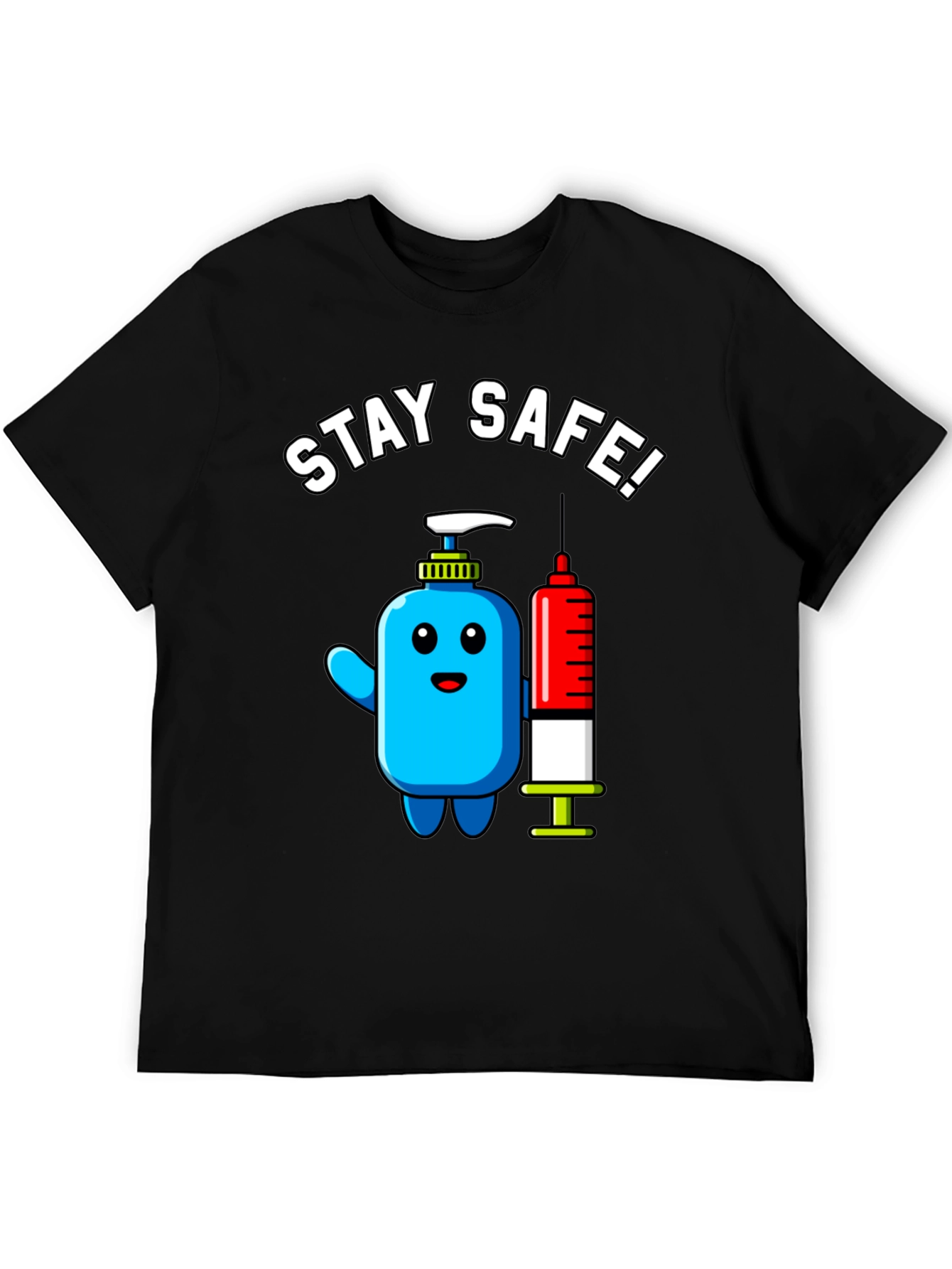 Stay Safe! Cartoon Hand Sanitizer and Syringe T-Shirt