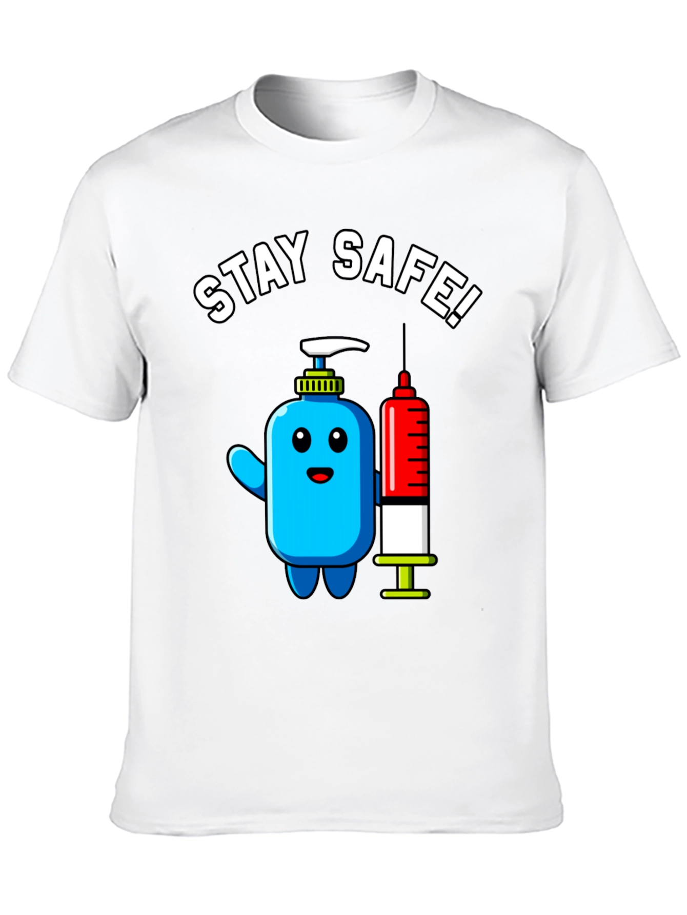 Stay Safe! Cartoon Hand Sanitizer and Syringe T-Shirt