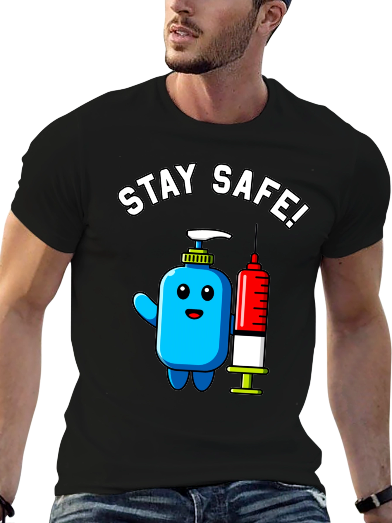 Stay Safe! Cartoon Hand Sanitizer and Syringe T-Shirt