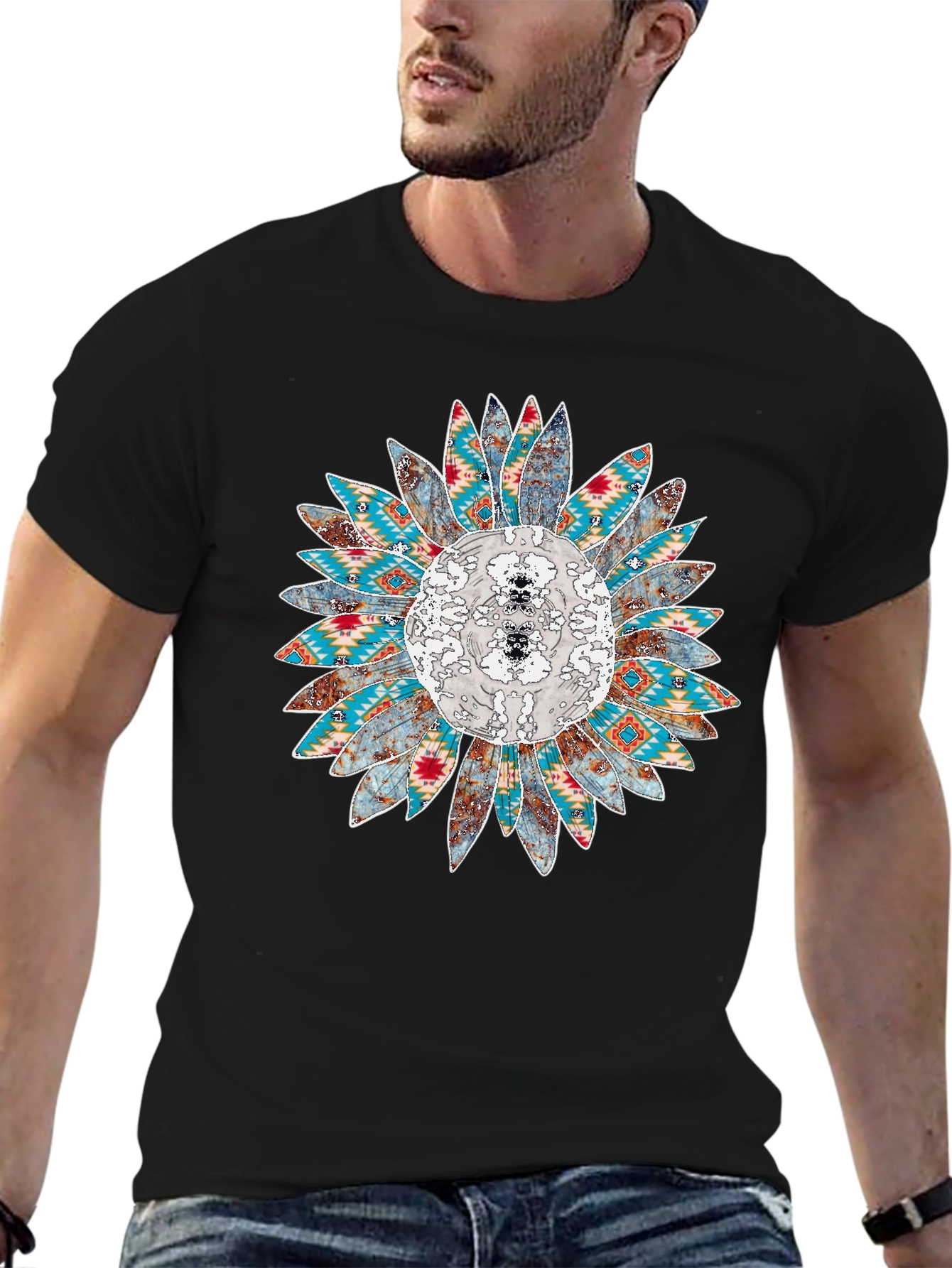 Sunflower Aztec Print Black T-Shirt
