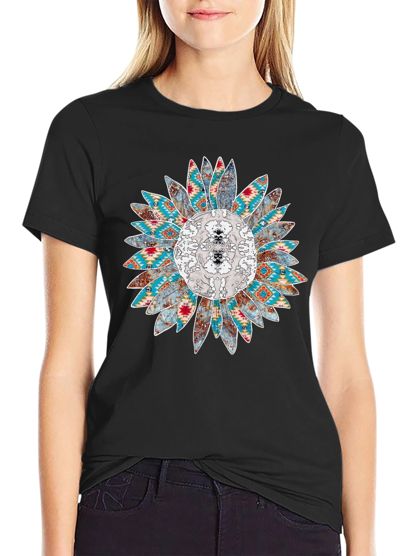 Sunflower Aztec Print Black T-Shirt