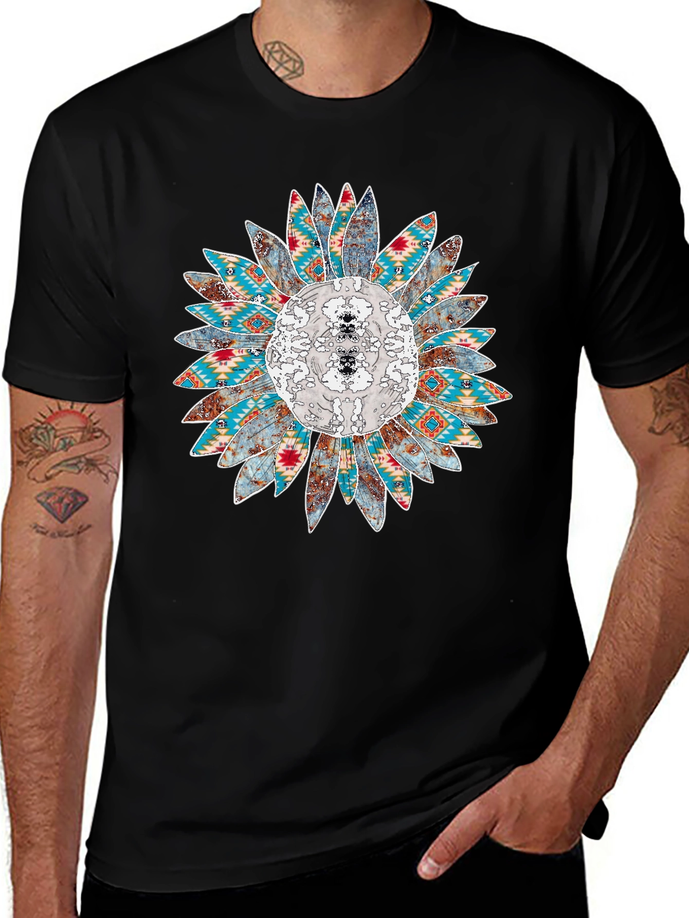 Sunflower Aztec Print Black T-Shirt
