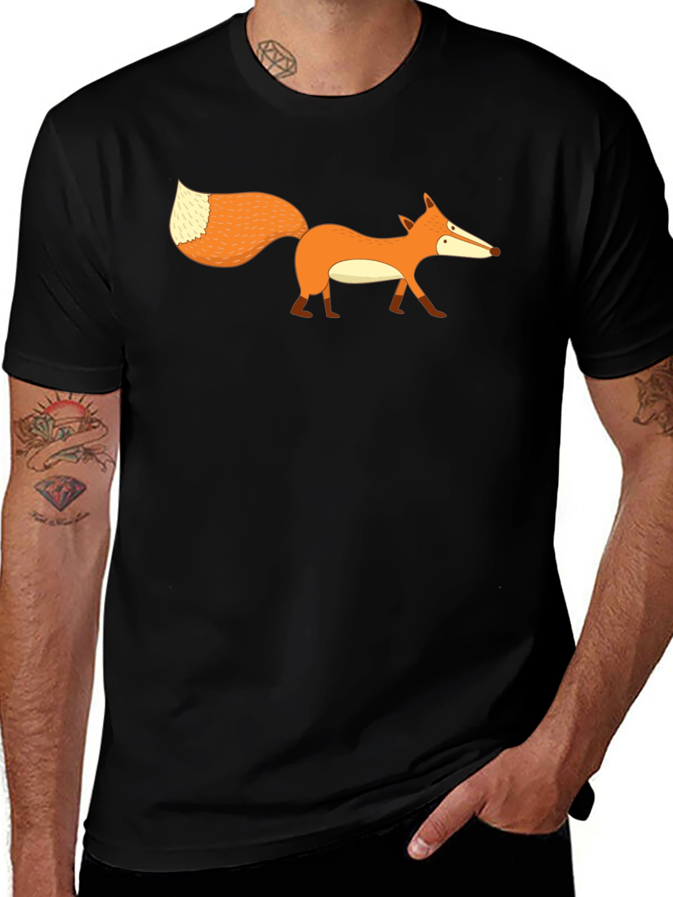 Cartoon Fox Graphic Print Mens Black T-Shirt