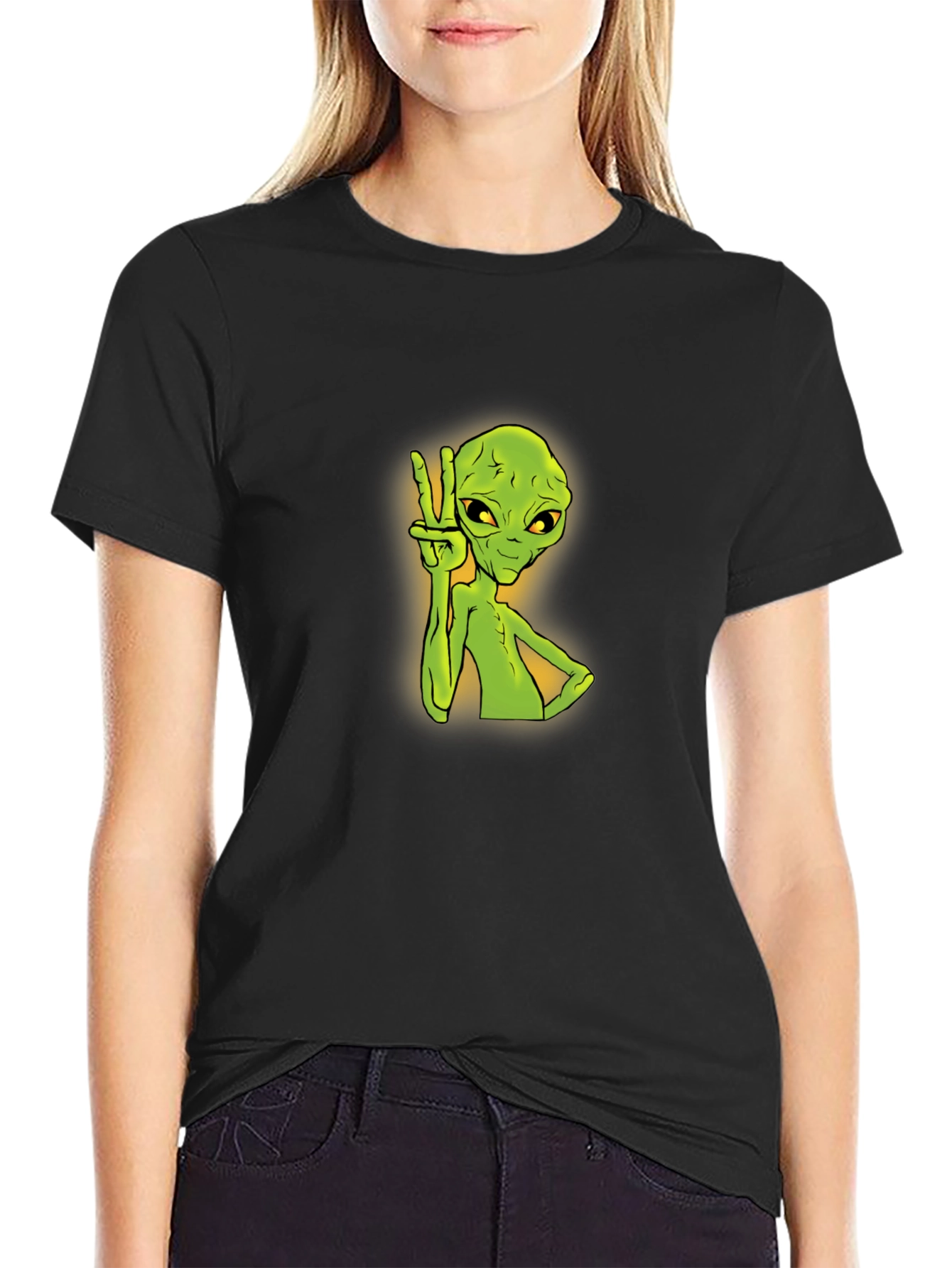 Alien Peace Sign Graphic Tee - Trendy Black T-Shirt