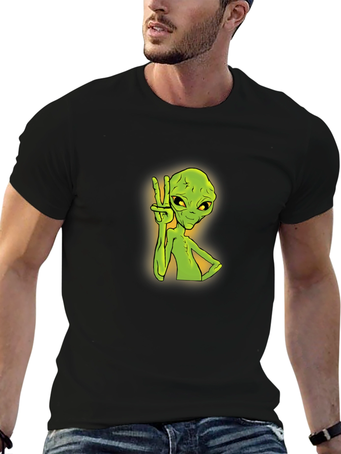 Alien Peace Sign Graphic Tee - Trendy Black T-Shirt