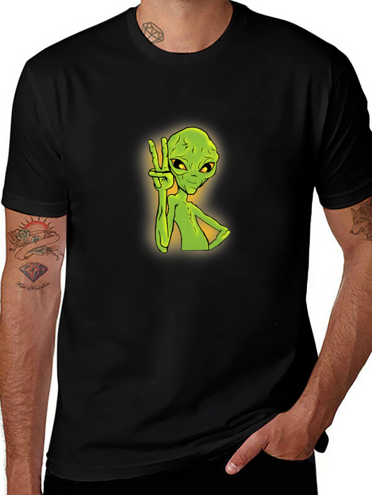 Alien Peace Sign Graphic Tee - Trendy Black T-Shirt