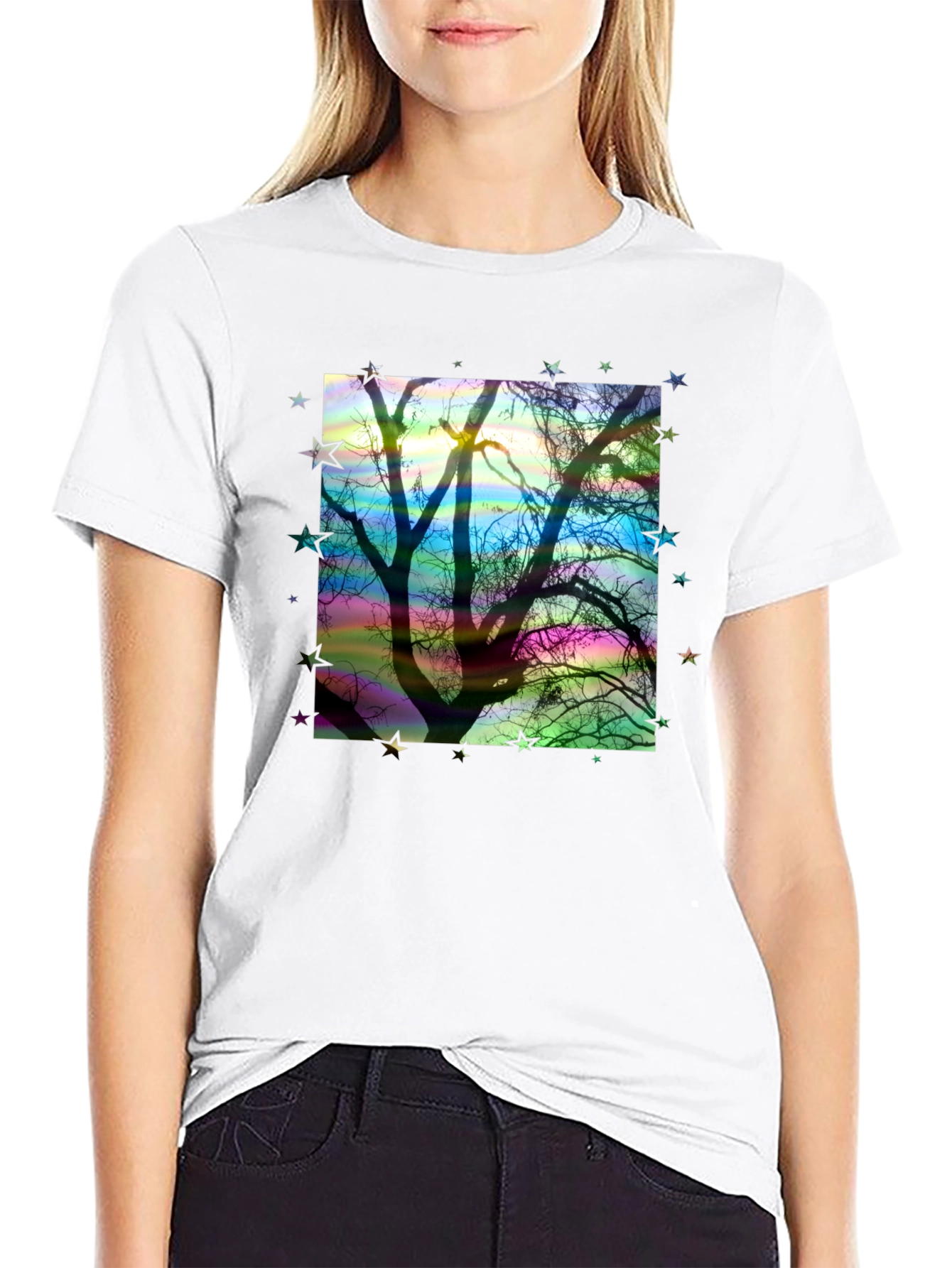 Tree Silhouette Stars Graphic Black T-Shirt