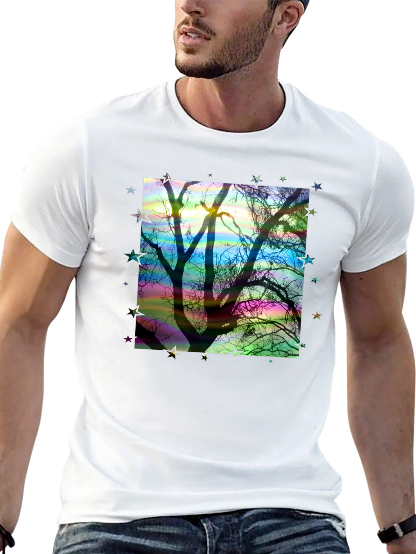 Tree Silhouette Stars Graphic Black T-Shirt