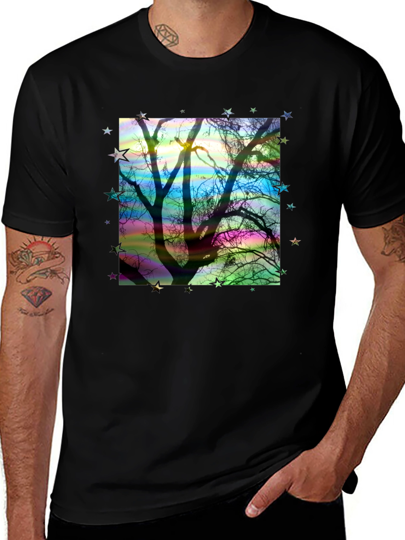 Tree Silhouette Stars Graphic Black T-Shirt
