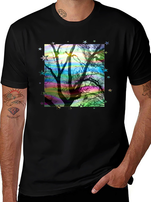 Tree Silhouette Stars Graphic Black T-Shirt